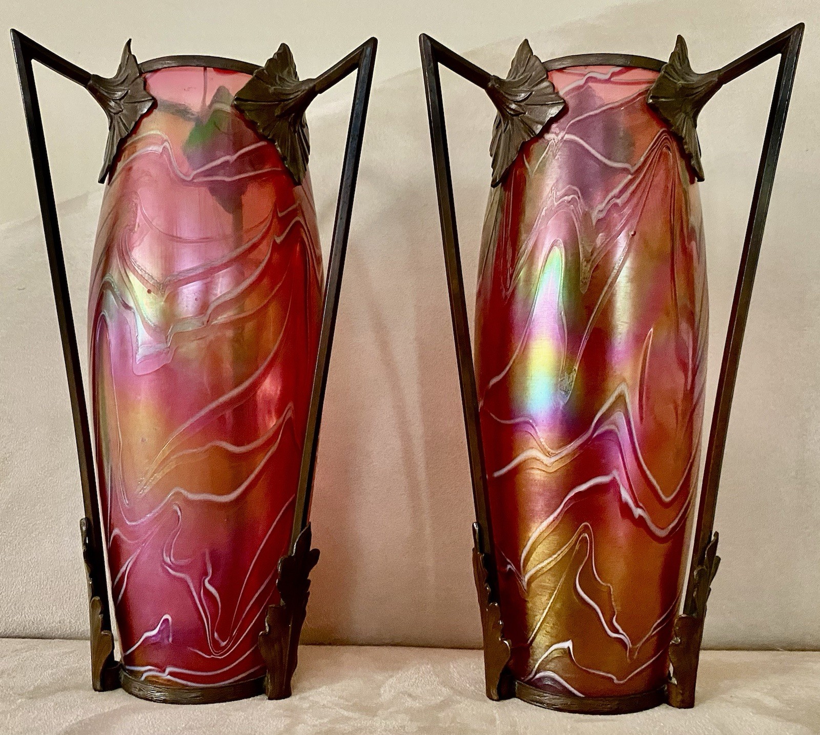 Art Nouveau Bohemian Kralik Loetz Ruby Iridescent Glass Bronze Vases Pair 11.5”