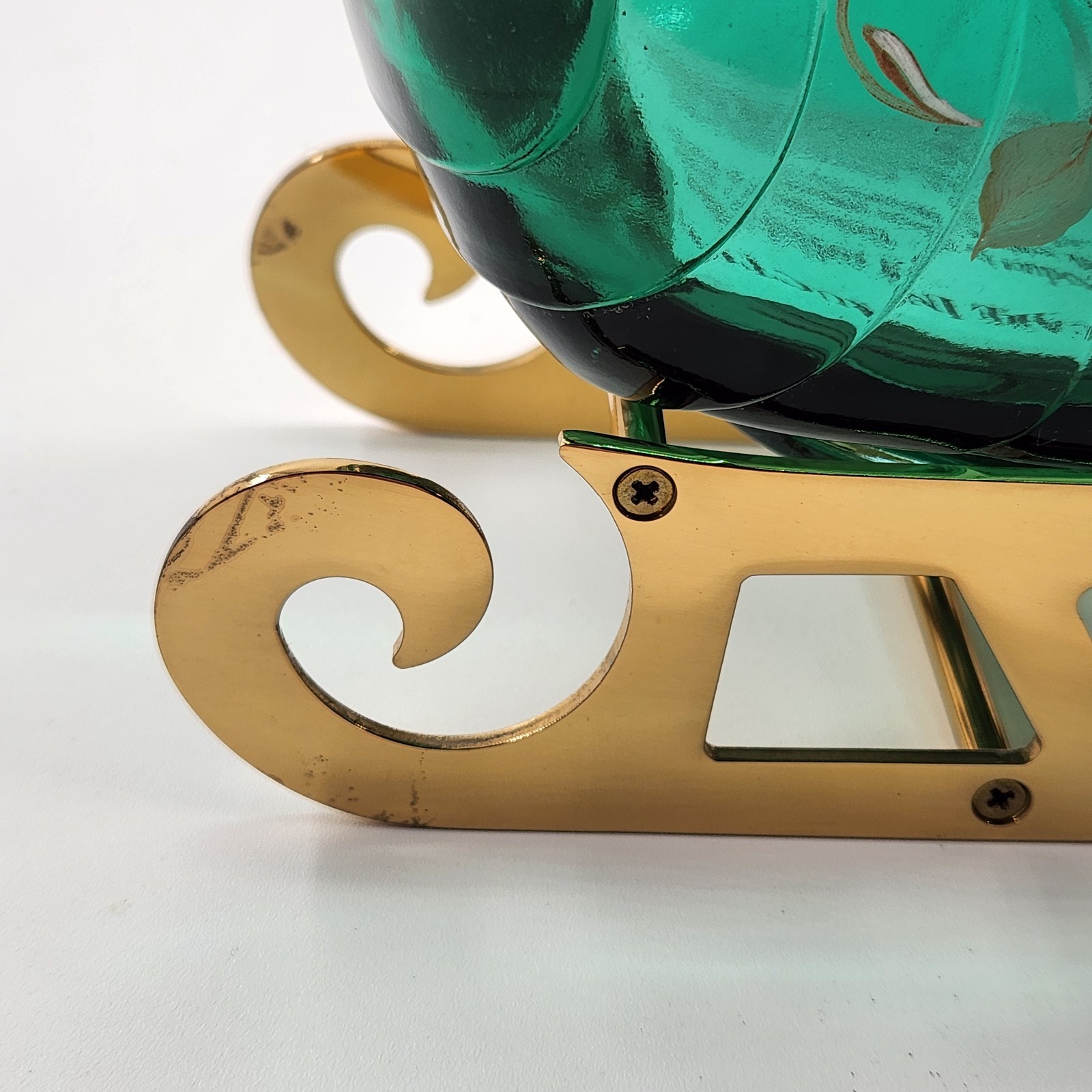 Fenton Green Glass Sleigh Candy Dish with Brass Runner Base Signed Vintage