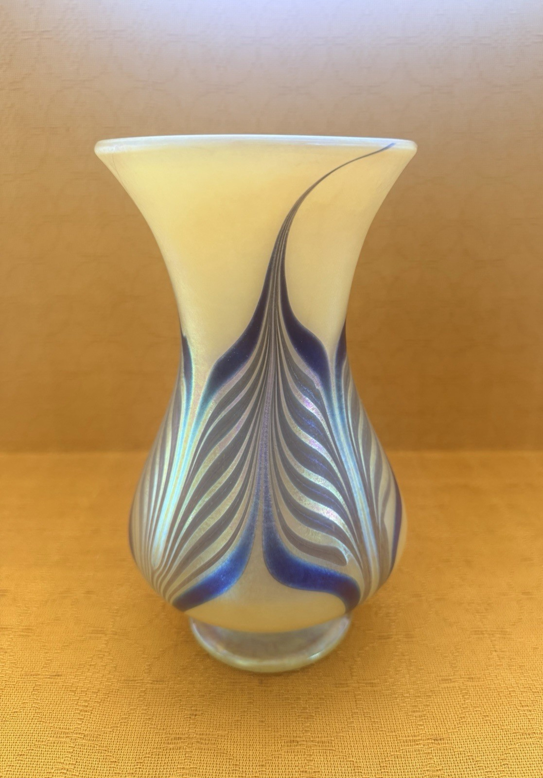 Vintage Hand Blown Yellow Blue Purple Pulled Feather Glass Vase Rough Pontil