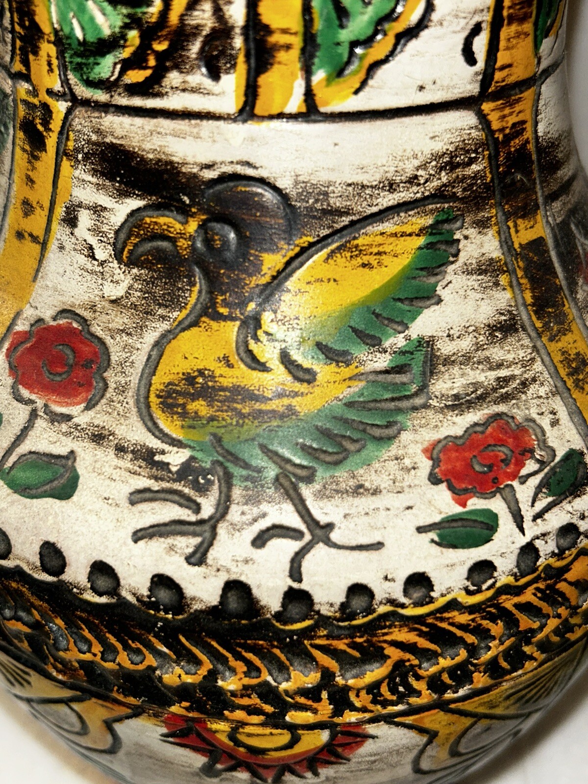 Vintage Made in Japan Bird and Floral Earthenware Vase. Pottery. Engraved Design