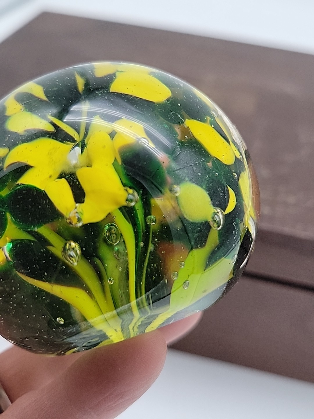 READ Art Glass Paperweight in Green and Yellow 2.25″
