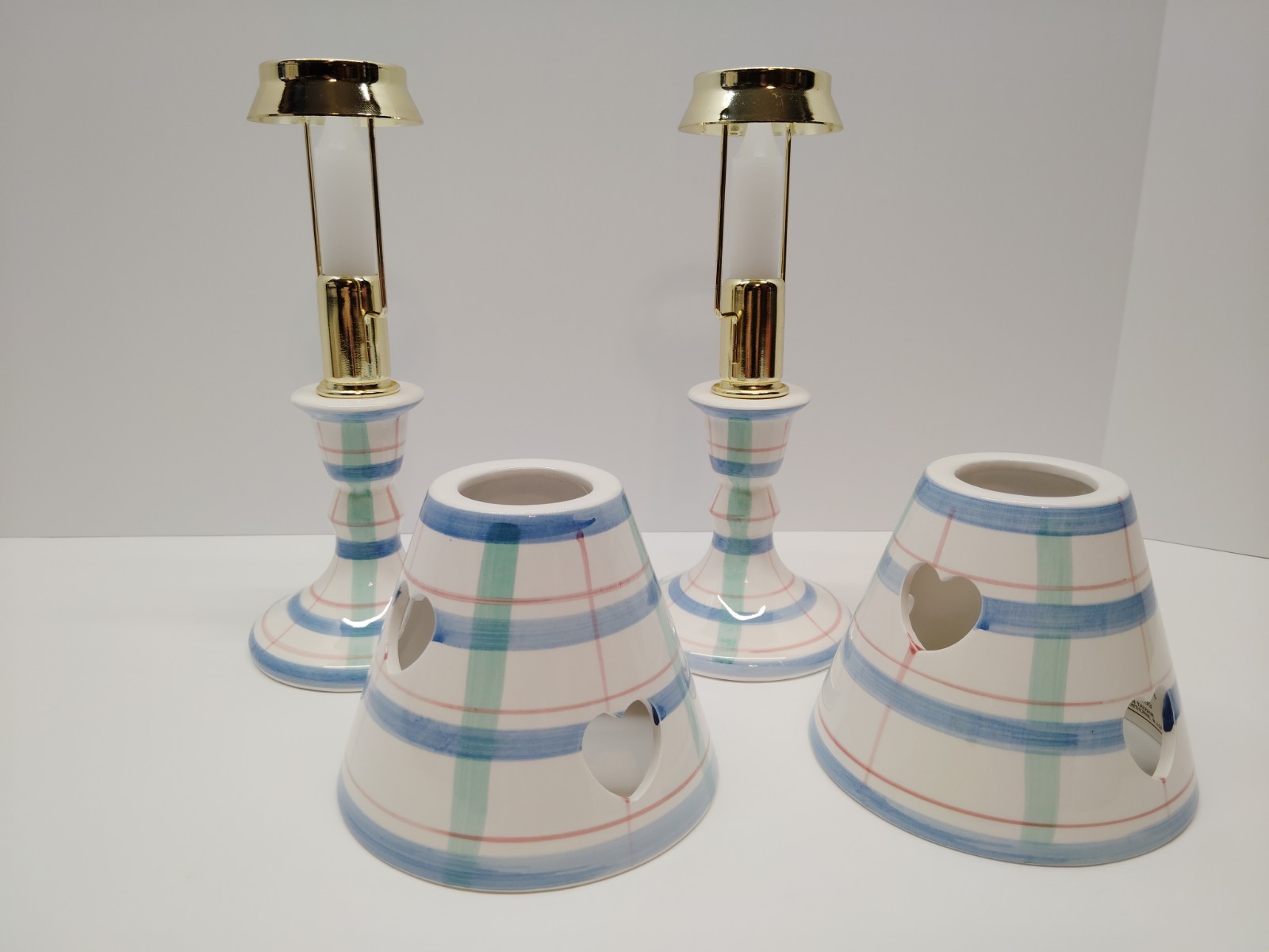 Vintage Plaid Taper Ceramic Candlestick Holders w/ Shades 9”- Set of 2