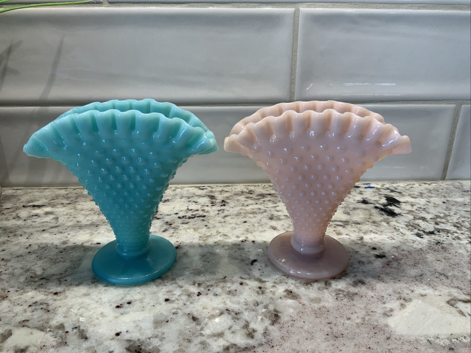 Vintage Fenton Pastel Pink Blue Hobnail Milk Glass Mini Fan Trumpet Vase Ruffle