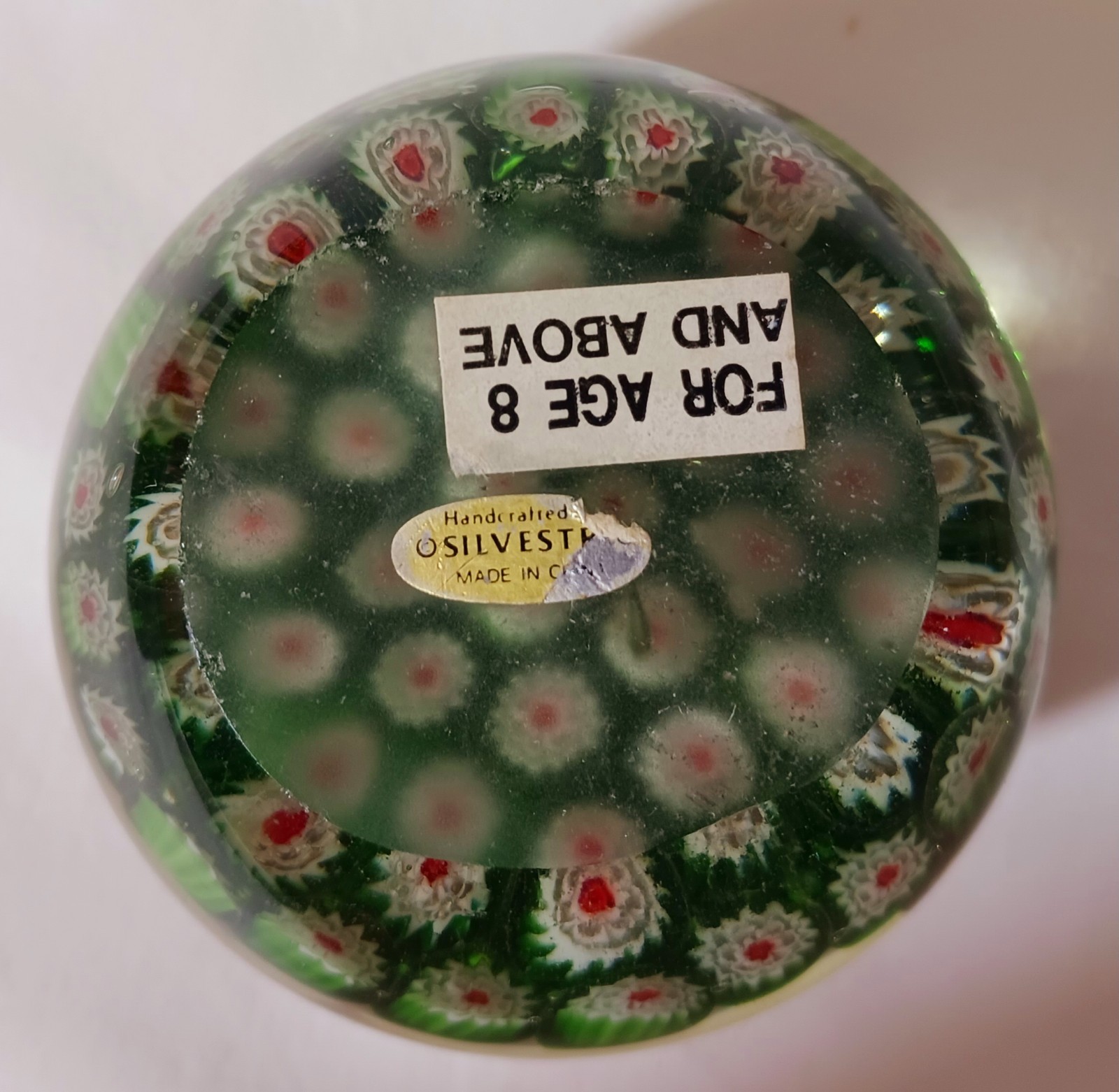 Silvestri Millefiori GREEN RED WHITE Art Glass Paperweight 2.75″ Christmas Decor