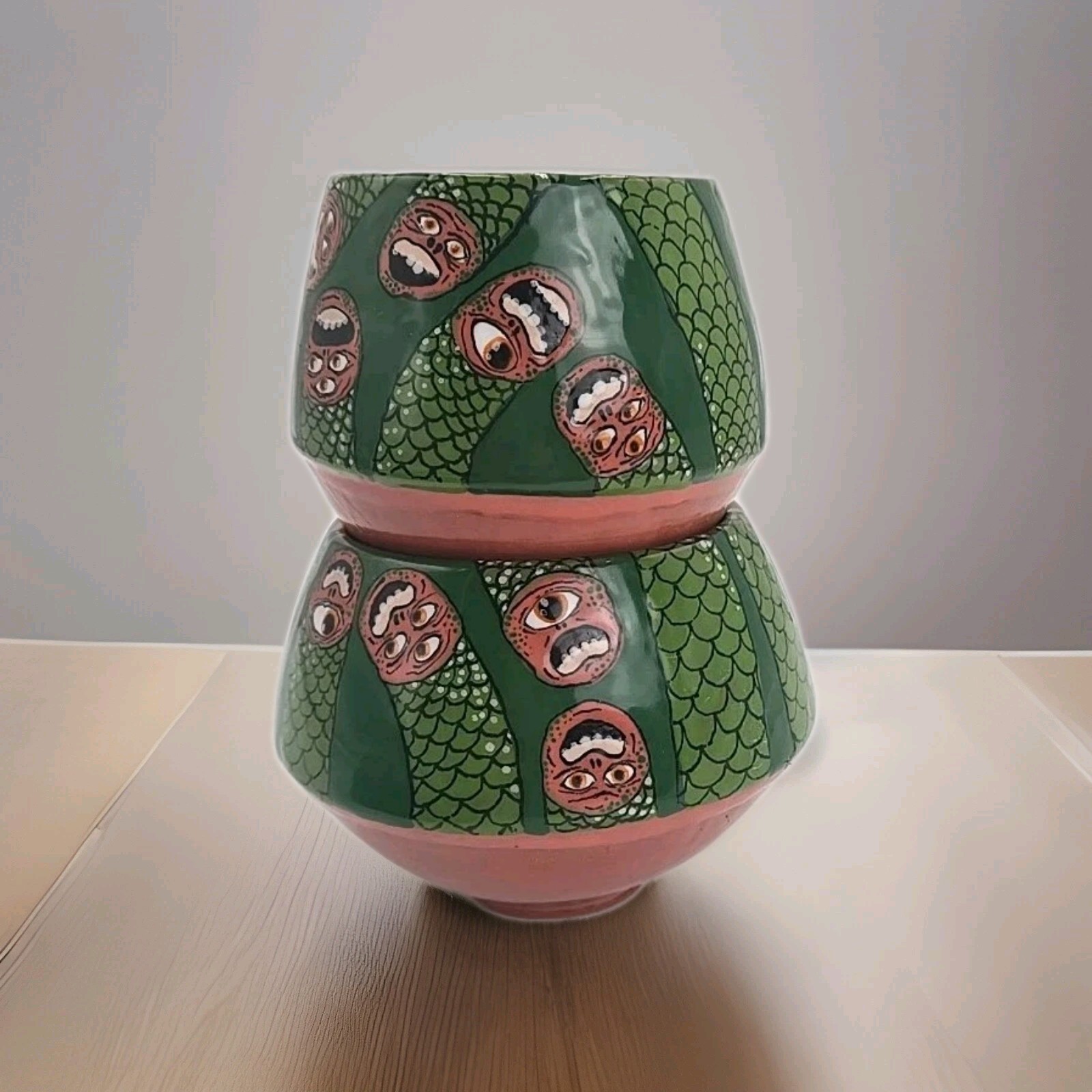 Pr Handmade Pottery Vase Bowl Creepy Odd Eyeball Face Monster Snake Moody Gothic