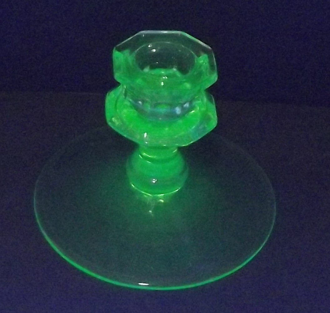 Green Fluorescent Depression Uranium Glass Candle Holder 3 1/4″ H X 4 1/4″ W