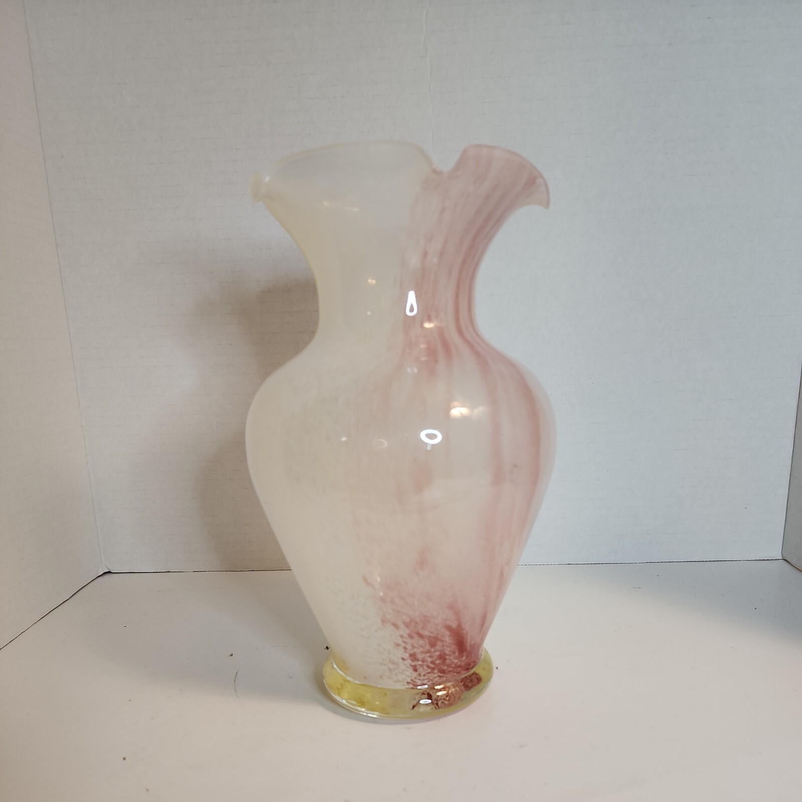 Crystal Clear Italian Glass Vase Pink, Yellow, White Swirl Hand Blown Ruffle Top