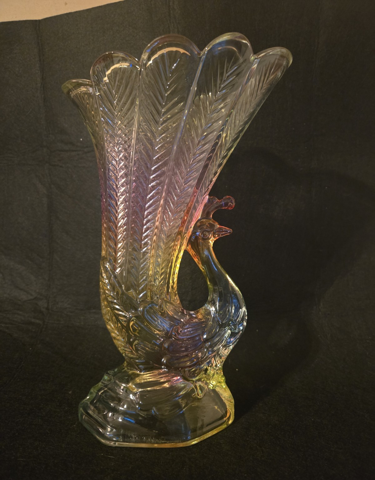 Unmarked Multicolor Glass Swan Vase with Feather Pattern, Decorative Display