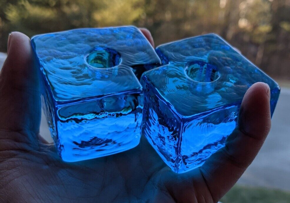 Pair Lindshammar Sweden Christer Sjogren Blue Puzzle Interlocking Candle Holders
