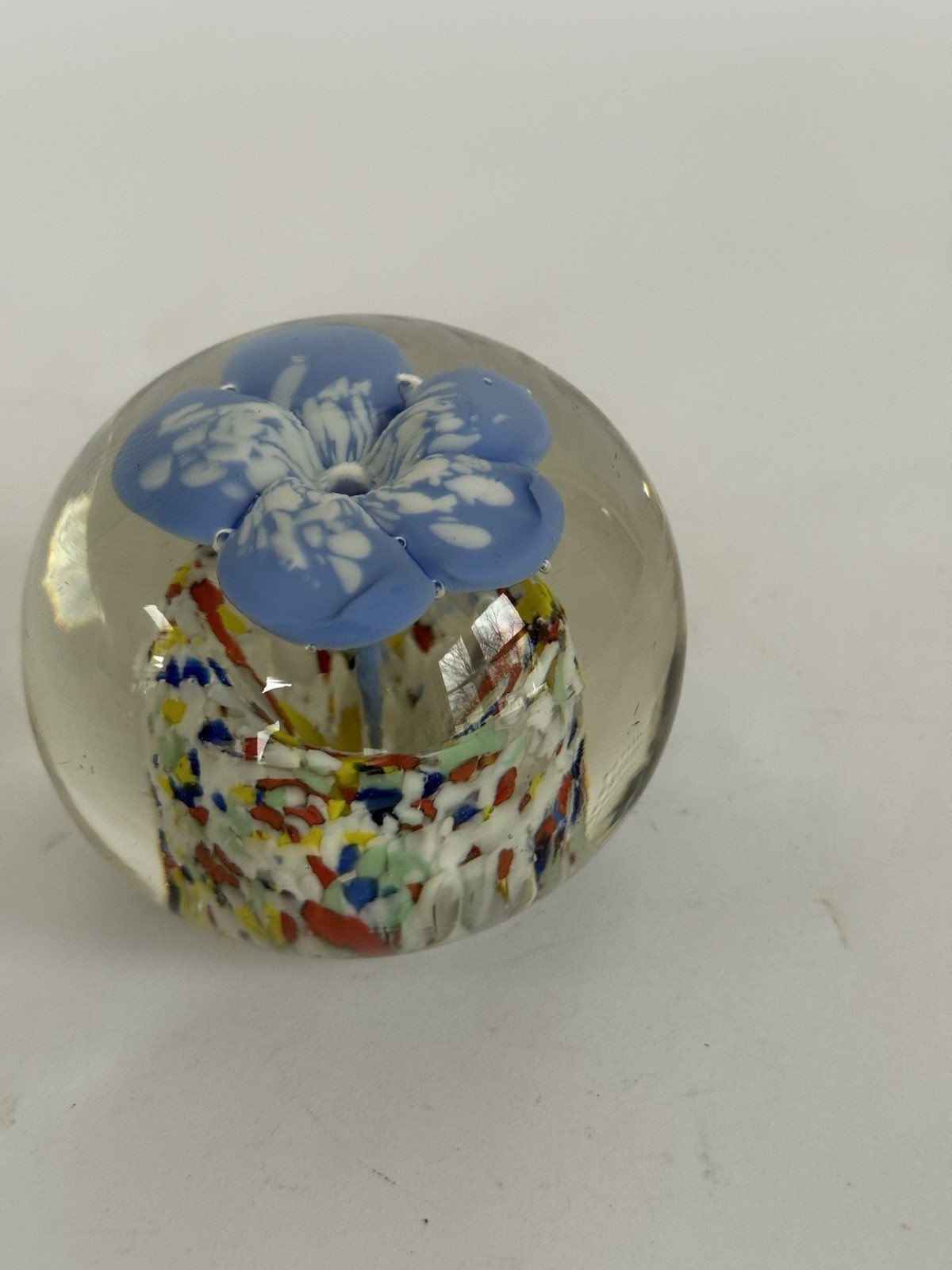 Art Glass Paperweight Blown Abstract Blue Floral Colorful Confetti 1.3 Pounds