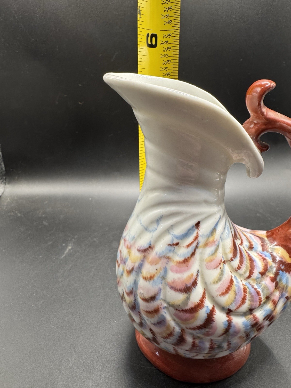Vintage Ceramic Cornucopia Pitcher Hand Painted Feather Fish Scale Ewer Vase
