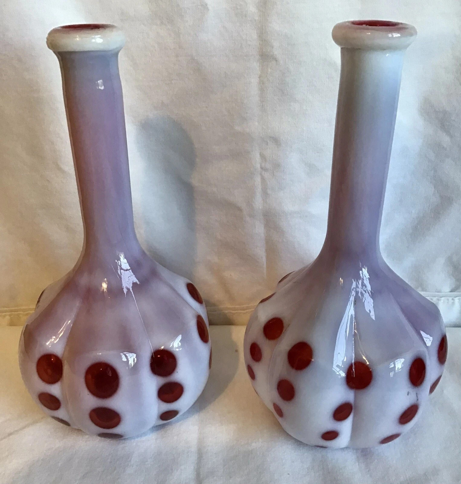 2 – VINTAGE FENTON ART GLASS CRANBERRY OPALESCENT COIN DOT BARBER BOTTLE
