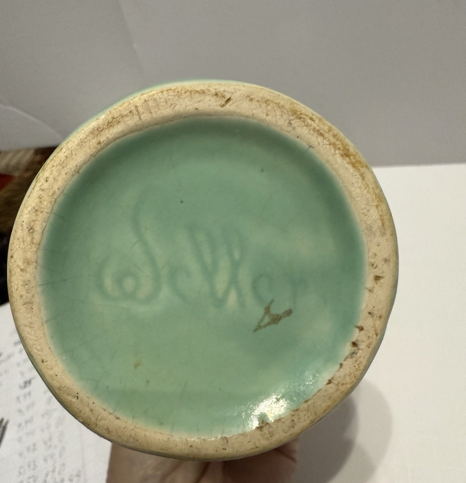 Vintage Weller Pottery Green Aqua Vase Handles White Cameo Rose Pattern 7 3/8”