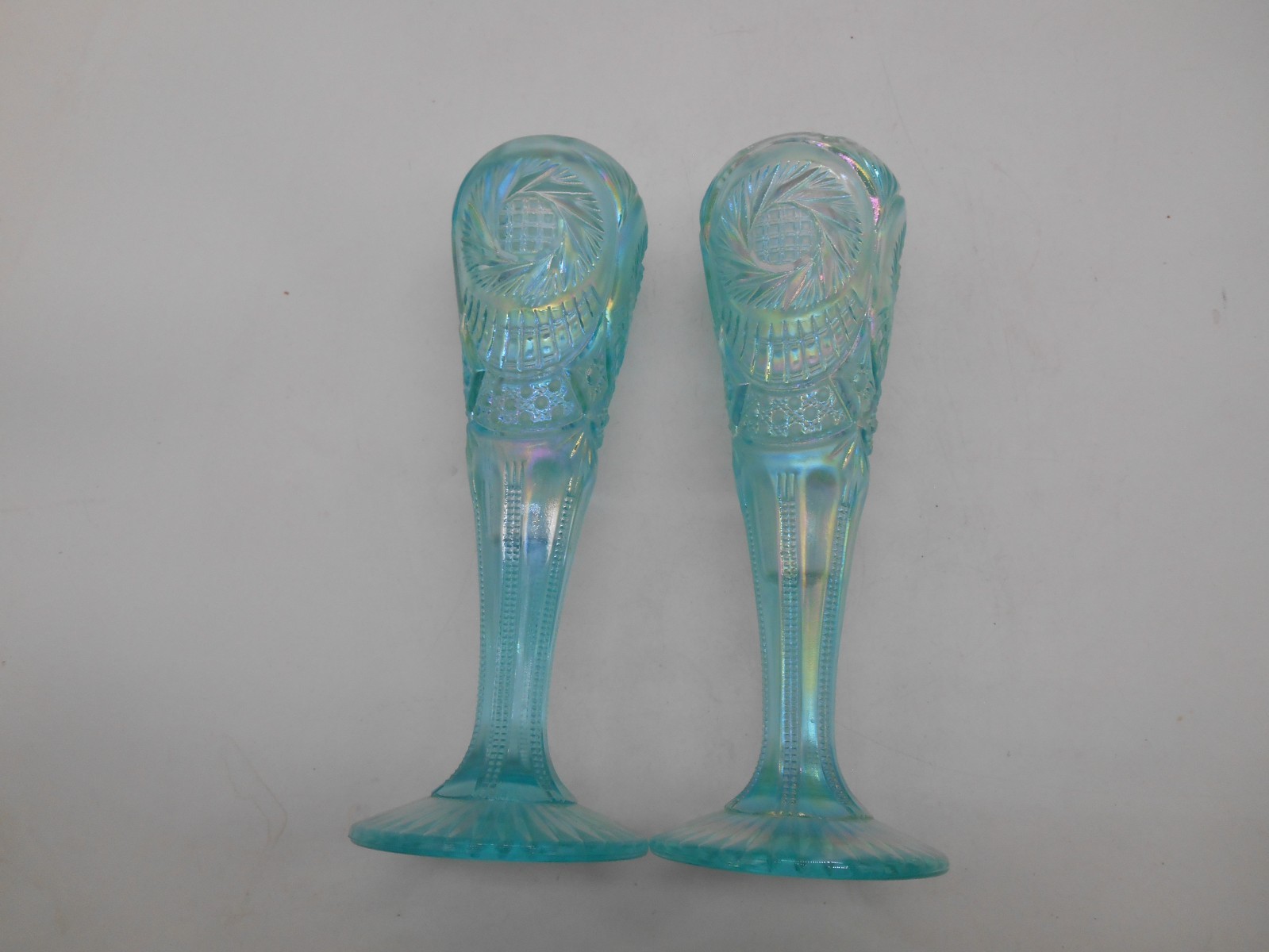 Pair of Fenton 95th Anniversary Aqua Opalescent Pinwheel 8.25″ Vases w/tags