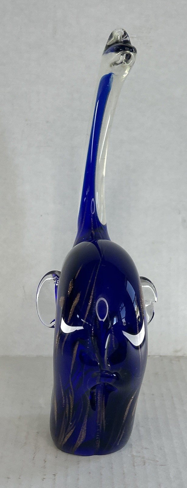 Vintage Murano Style Art Glass Elephant Figurine Cobalt Blue Gold W Ear Chip