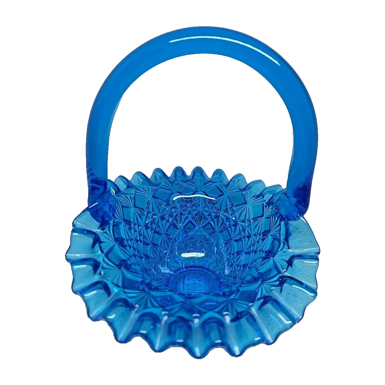 Vintage Fenton Olde Virginia Art Glass Blue Ruffled Basket Pressed w/Handle 8”