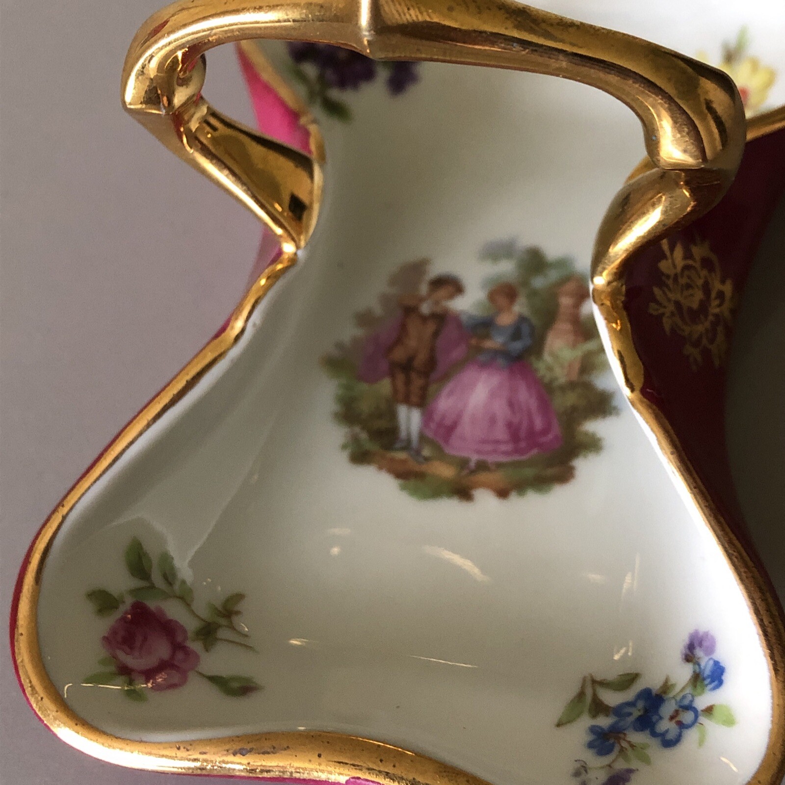 Limoges Castel France Porcelain Trinket Dish Handle Pink Gold matches dollhouse