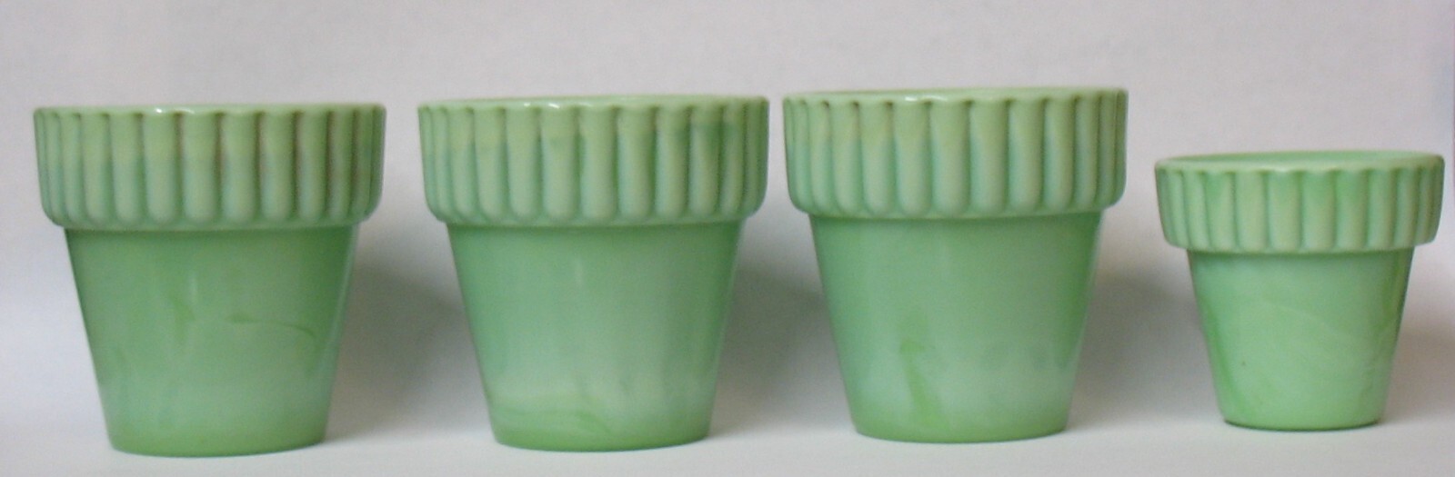4 Akro Agate Flower Pot, Jadeite Slag Glass, Vintage Art Deco 2.25 and 1.75 in
