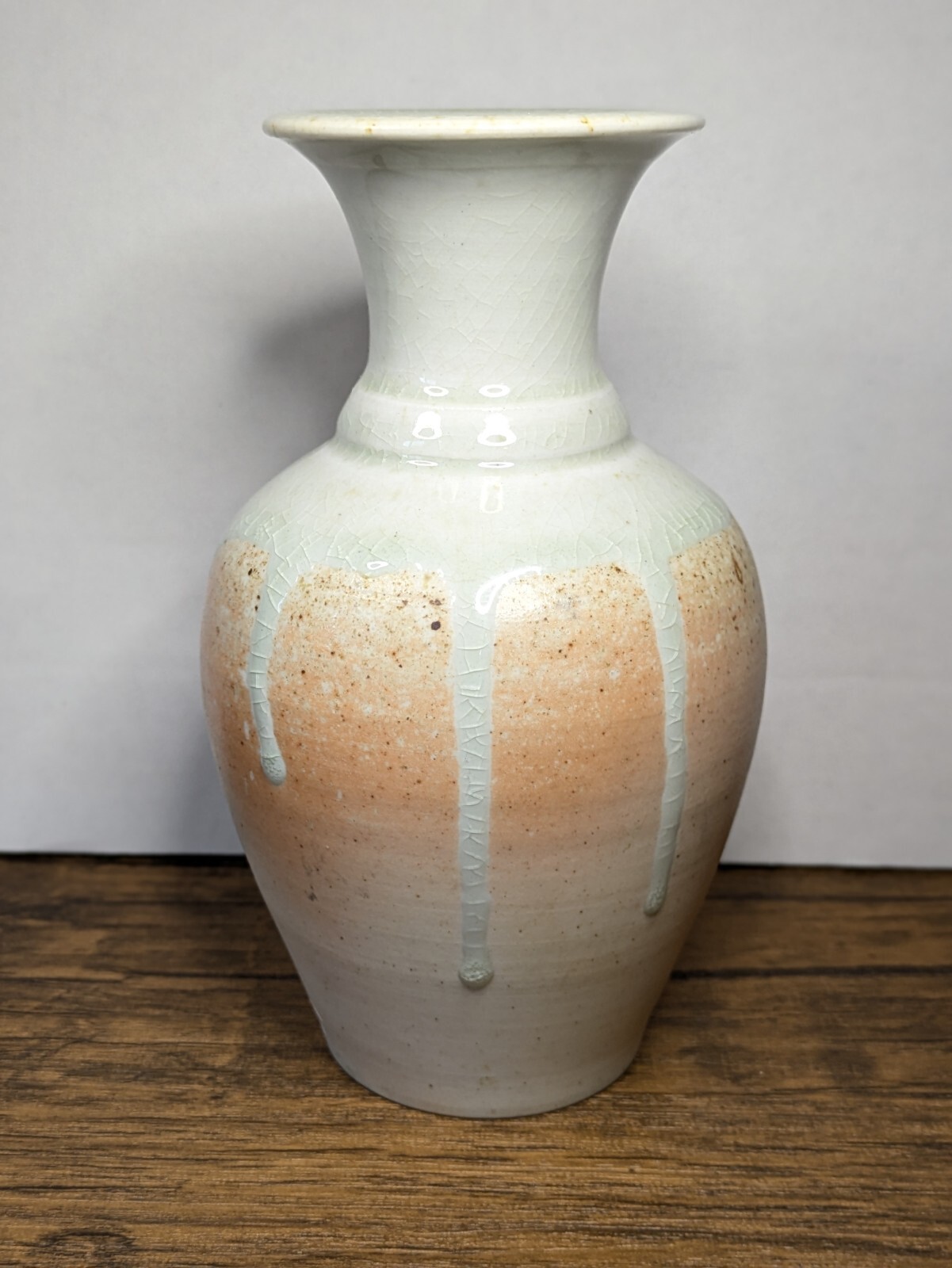 Vintage – 6¼” White on Peach Drip Glaze Bud Vase, Studio Pottery Marked
