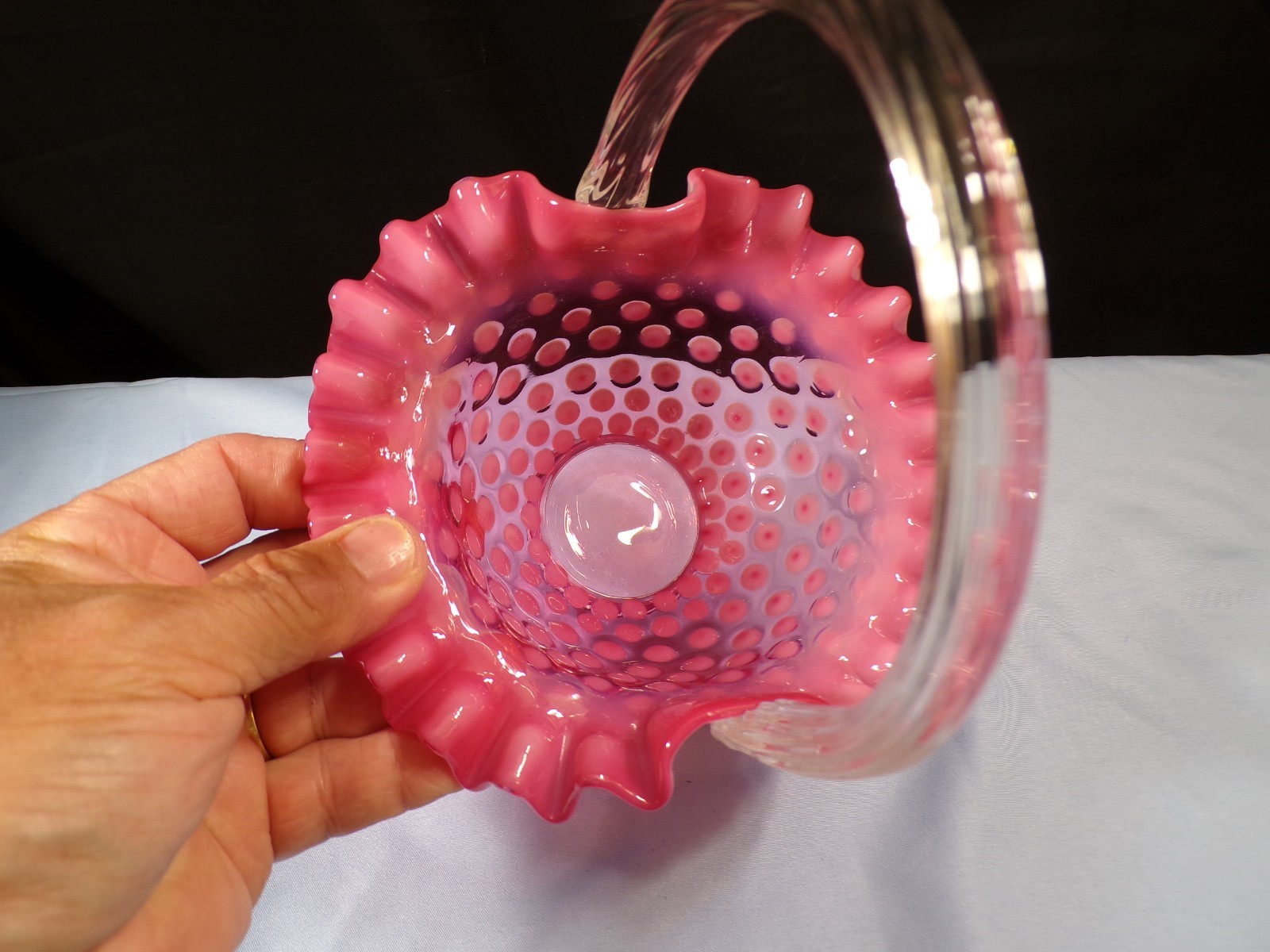 Fenton Cranberry Opalescent Glass Polka Dot Basket 7″ Tall INV2