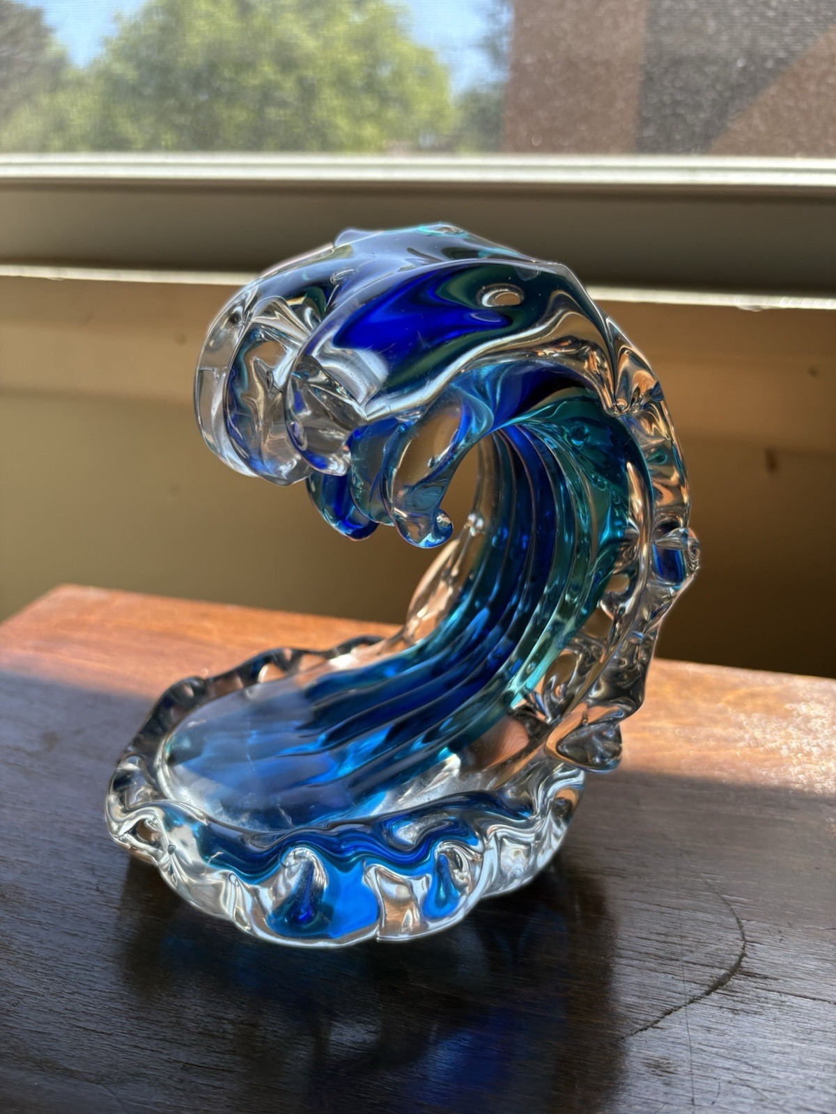 Hand Blow Rolling Ocean Coastal Table Top Nautical Art Glass Decor Blue