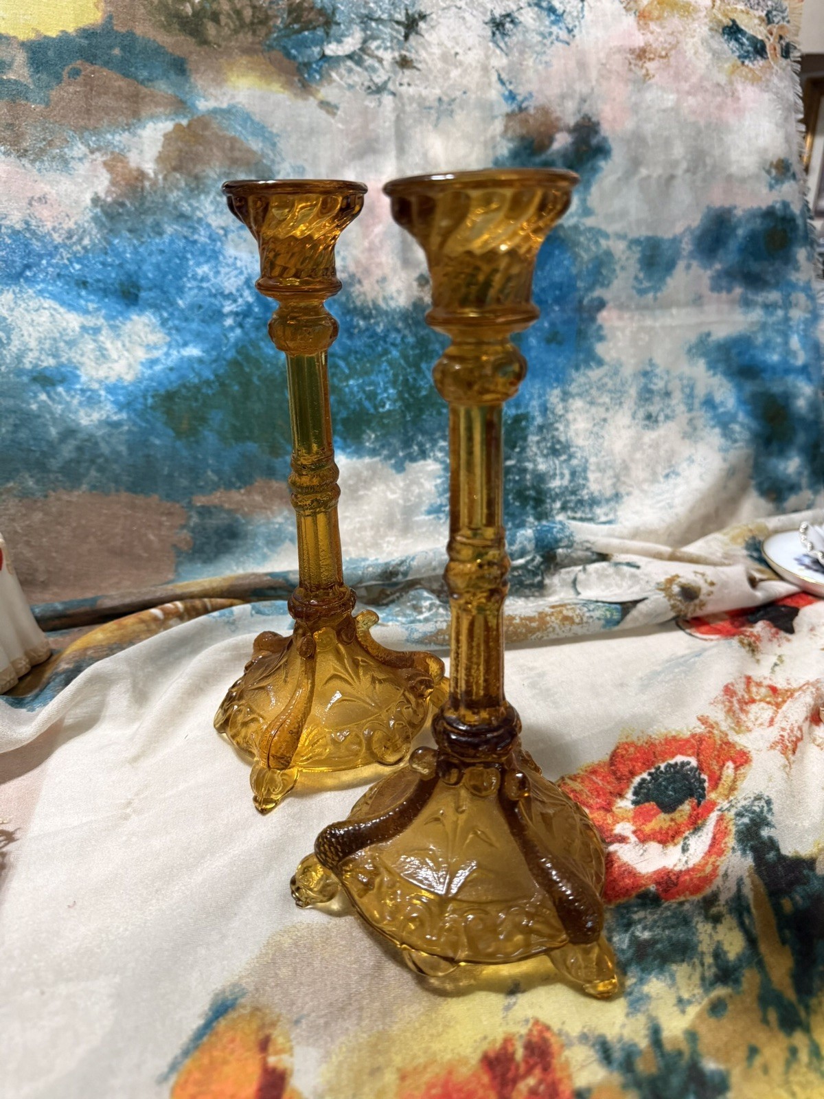 Vallerysthal Portieux Bavards Amber 9.25″ Candlesticks With Chained Prisms
