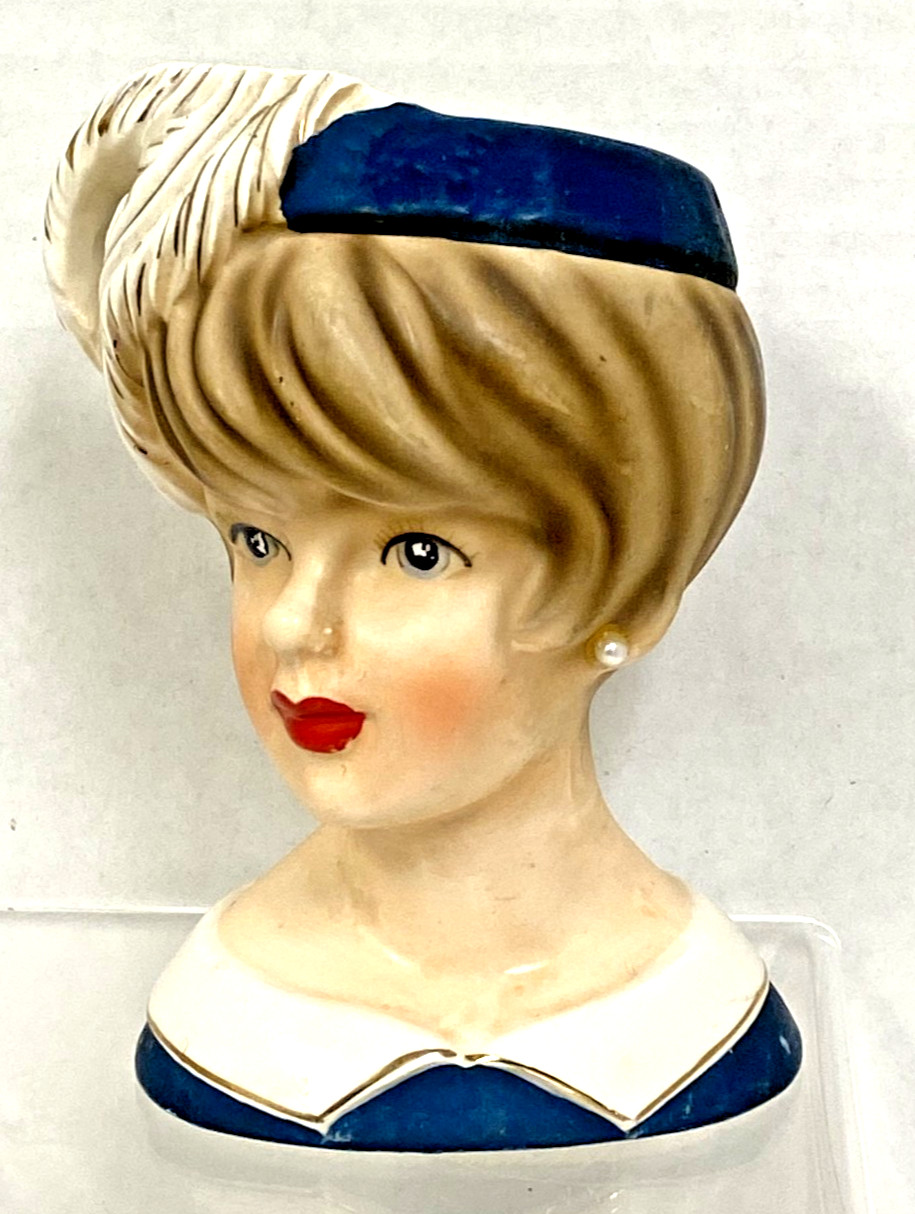 Vintage Japan Relpo Fancy Feather Hat Lady Head Vase Original Sticker K1661