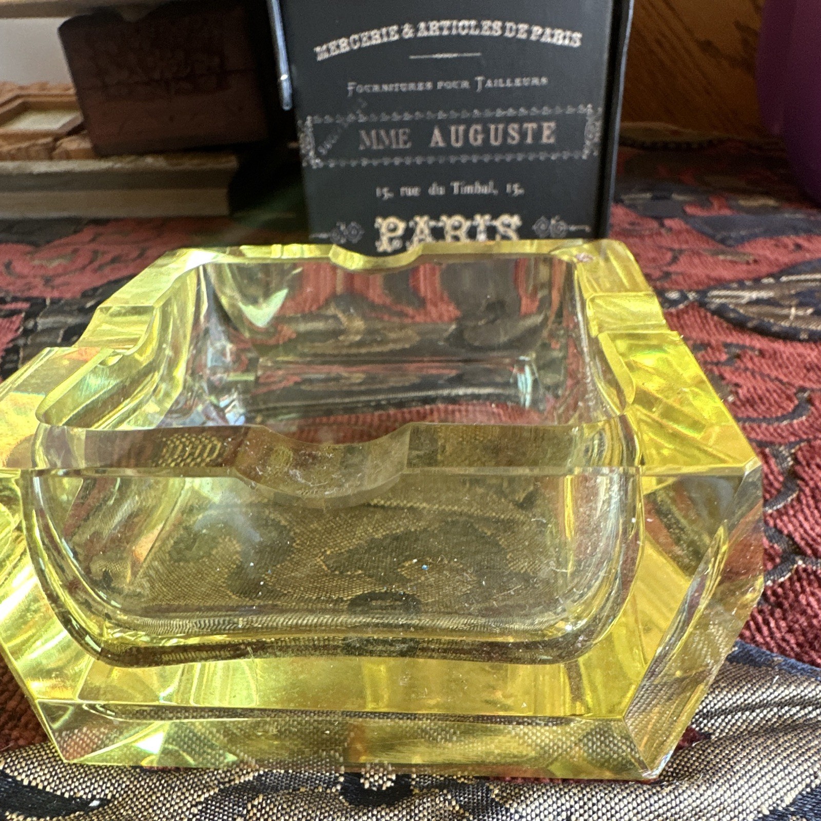 Yellow & Clear Square Pressed Glass Ashtray Decorative Tabletop Accent