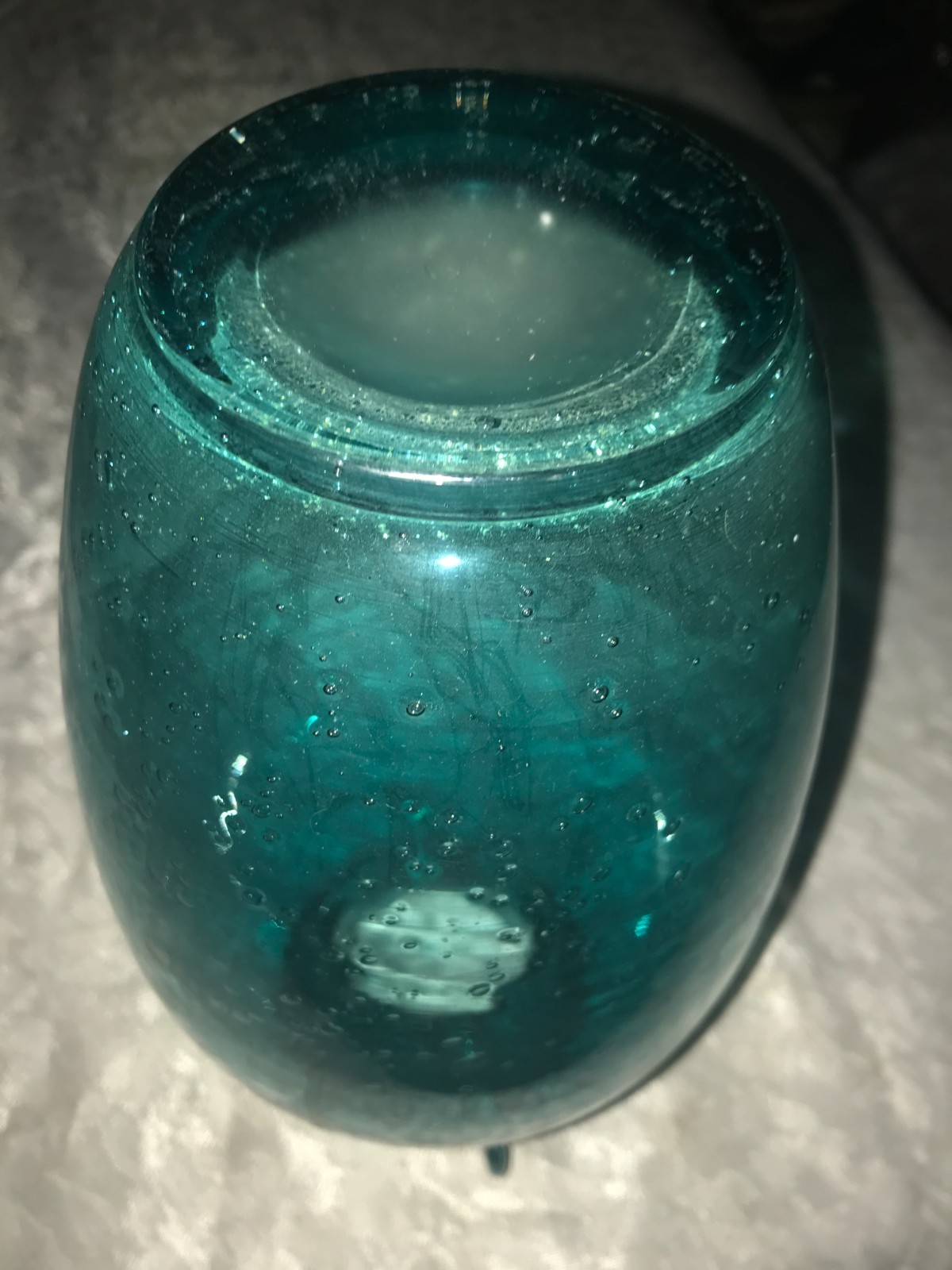 RARE Vintage ORECCHIO Teal BLUE Double Ear HANDLE Bubble STUDIO ART Glass VASE