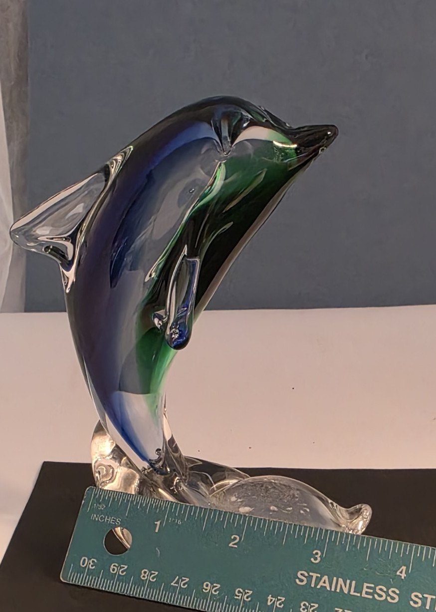 Art Glass Dolphin Figurine Paperweight 6” Green Blue Clear Unbranded