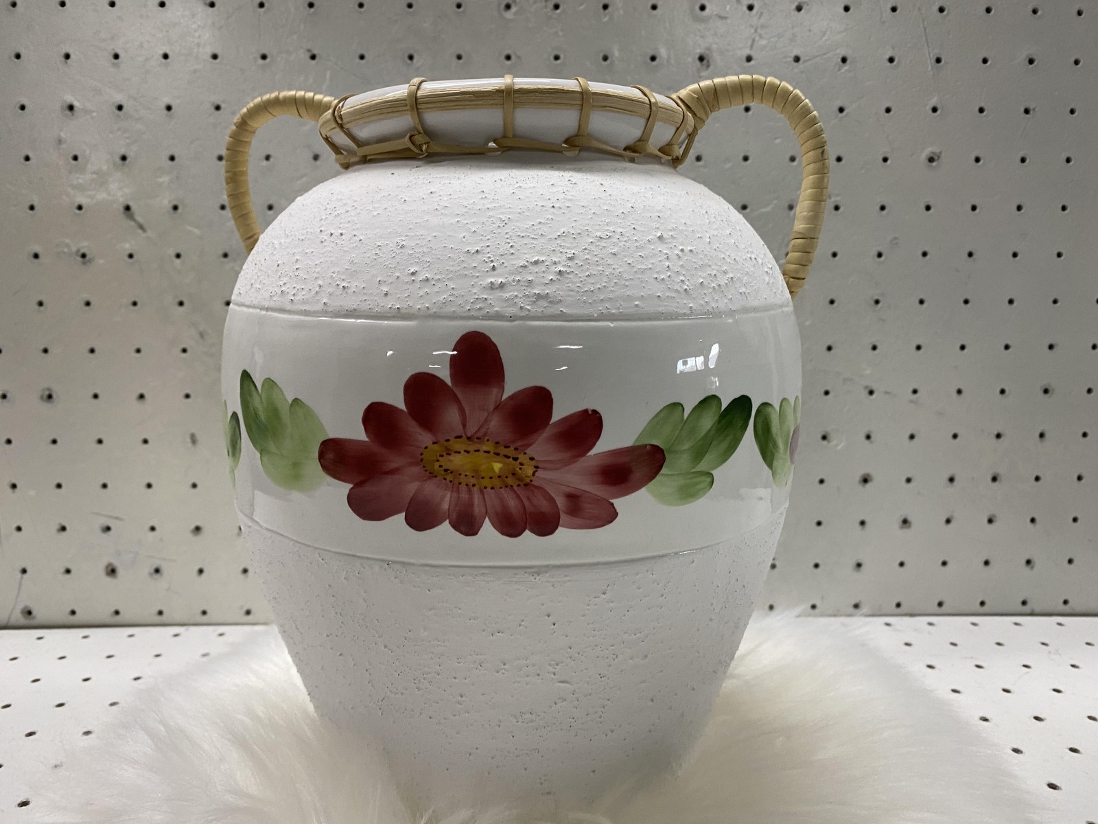 Hand Painted Ceramic Vase Textured White Floral Wicker Handles Decorative