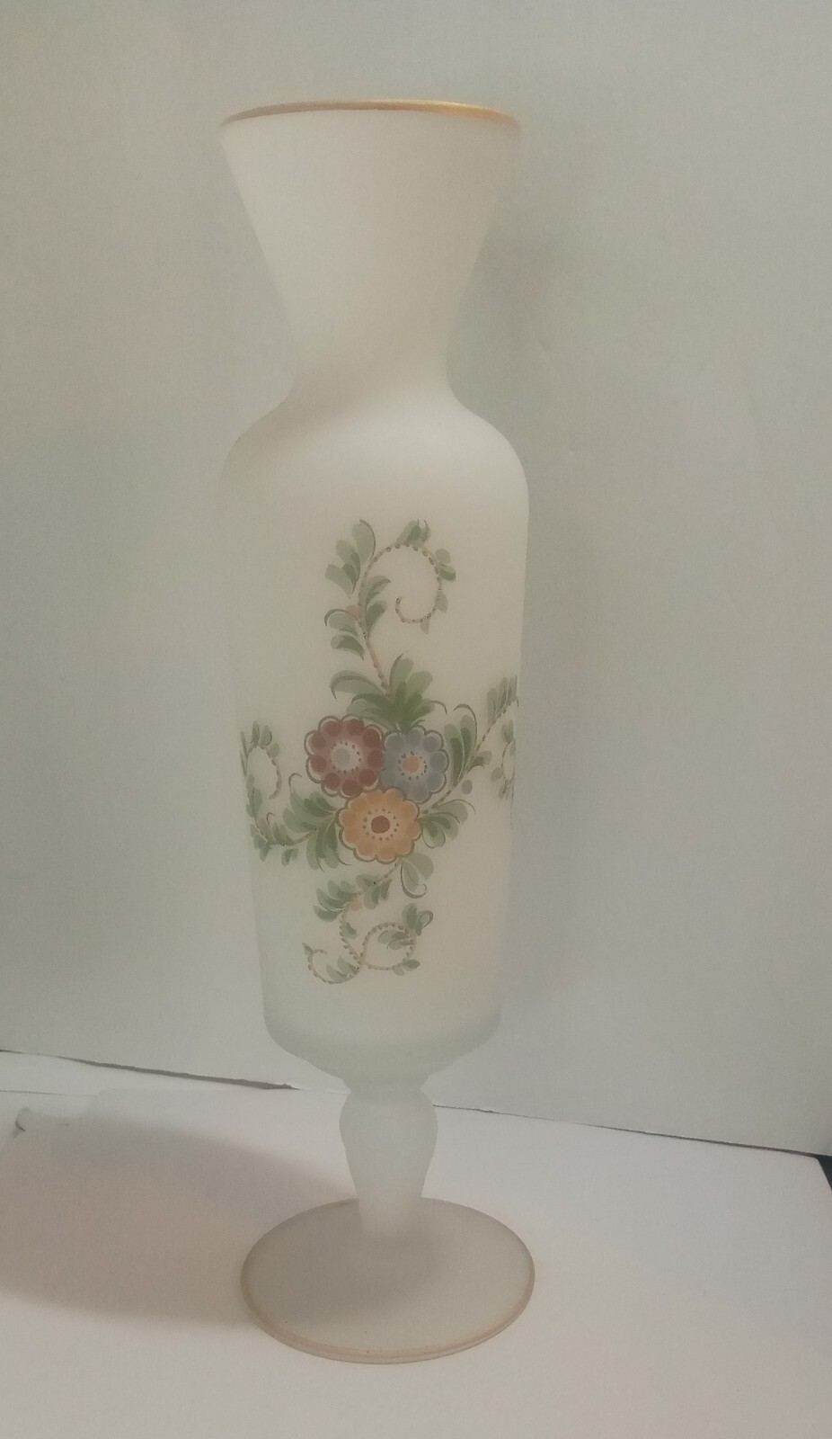 Vintage Norleans Satin Ware White Floral Vase Pedestal Base 10 Inches READ