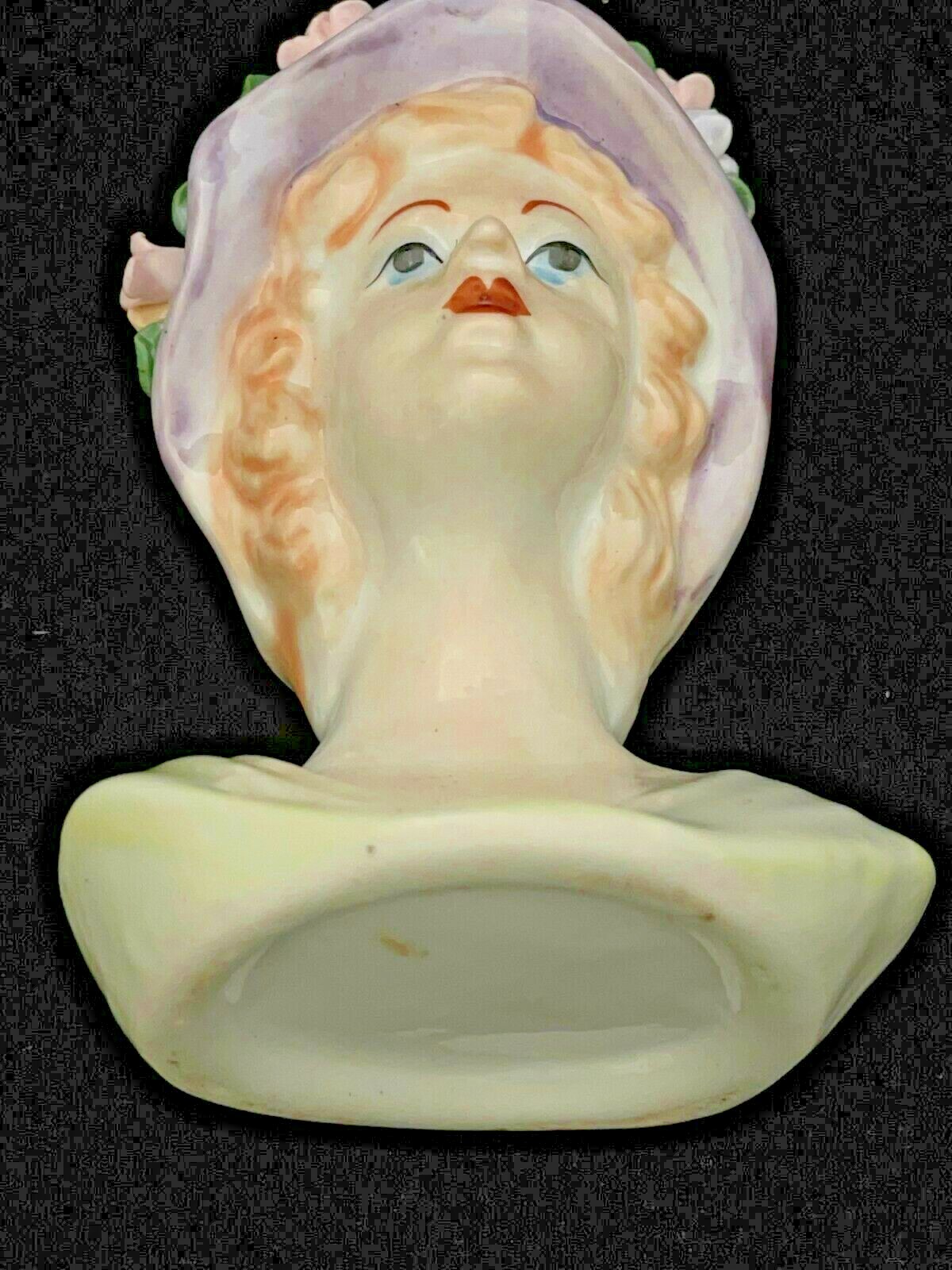 Blond Lady Head w/ Purple Bonnet Hat Bust Ceramic Blue Eyes Vintage Vase Planter