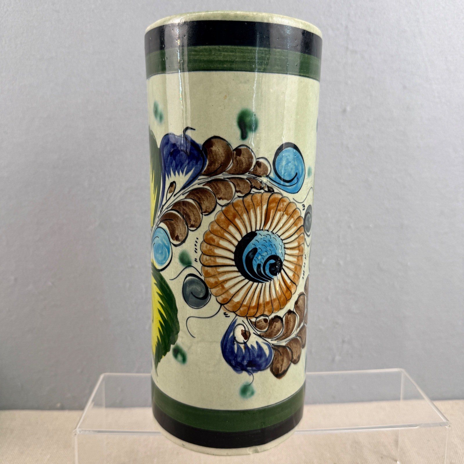 Vintage Tonala Mexican Art Pottery Tall Cylinder Vase Hand Painted Floral 10.5″