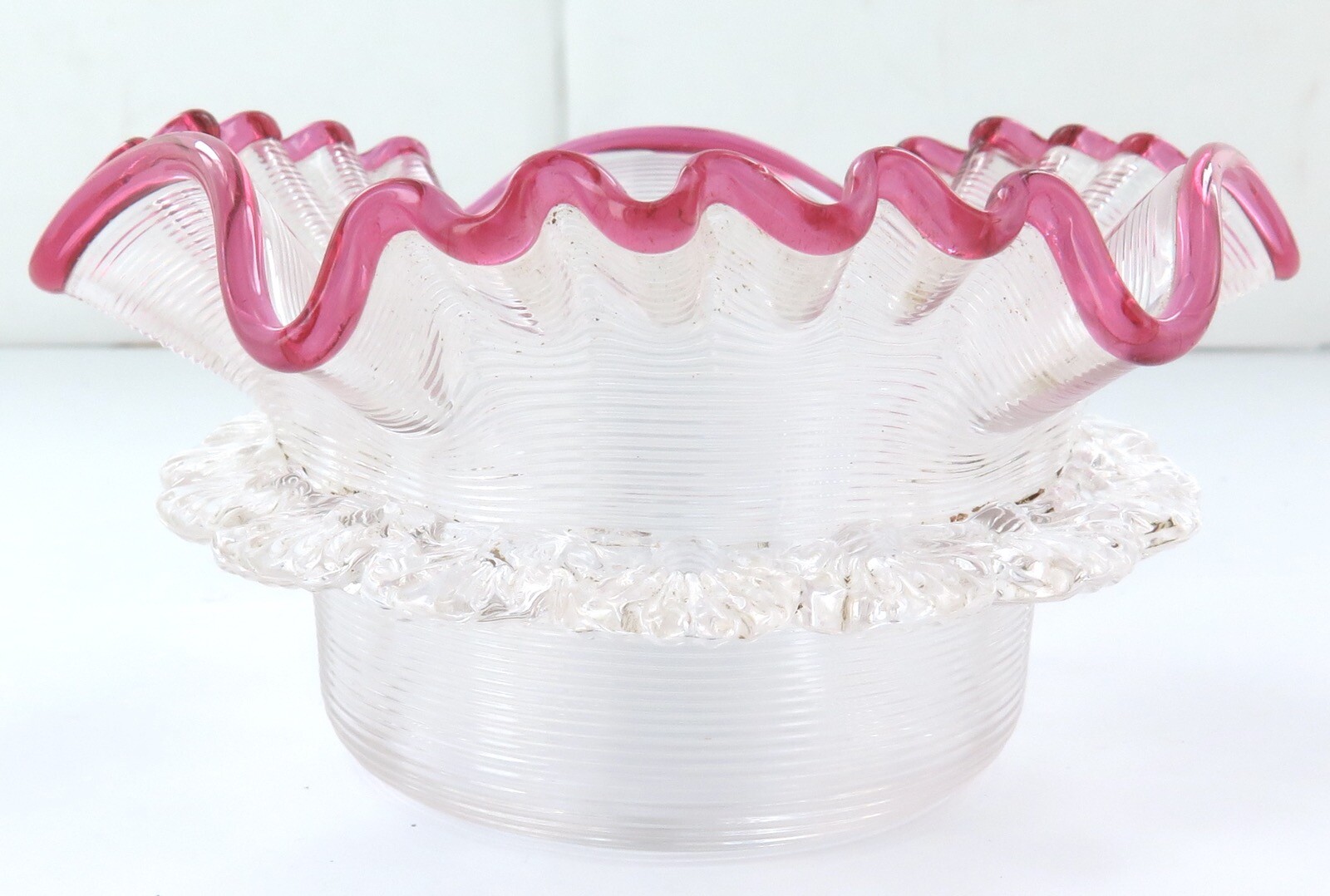 Late Victorian / Edwardian Threaded & Ruffle Glass Small Bowl with Cranberry Rim