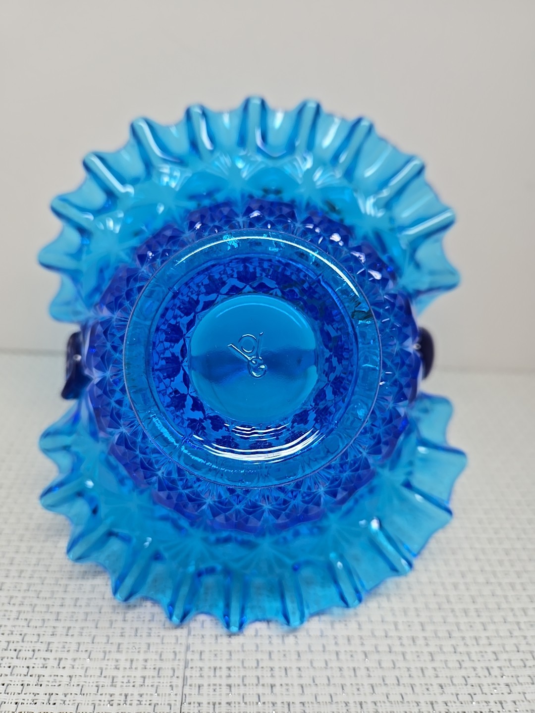 Vintage Fenton Olde Virginia Art Glass Blue Ruffled Basket Pressed w/Handle 8”