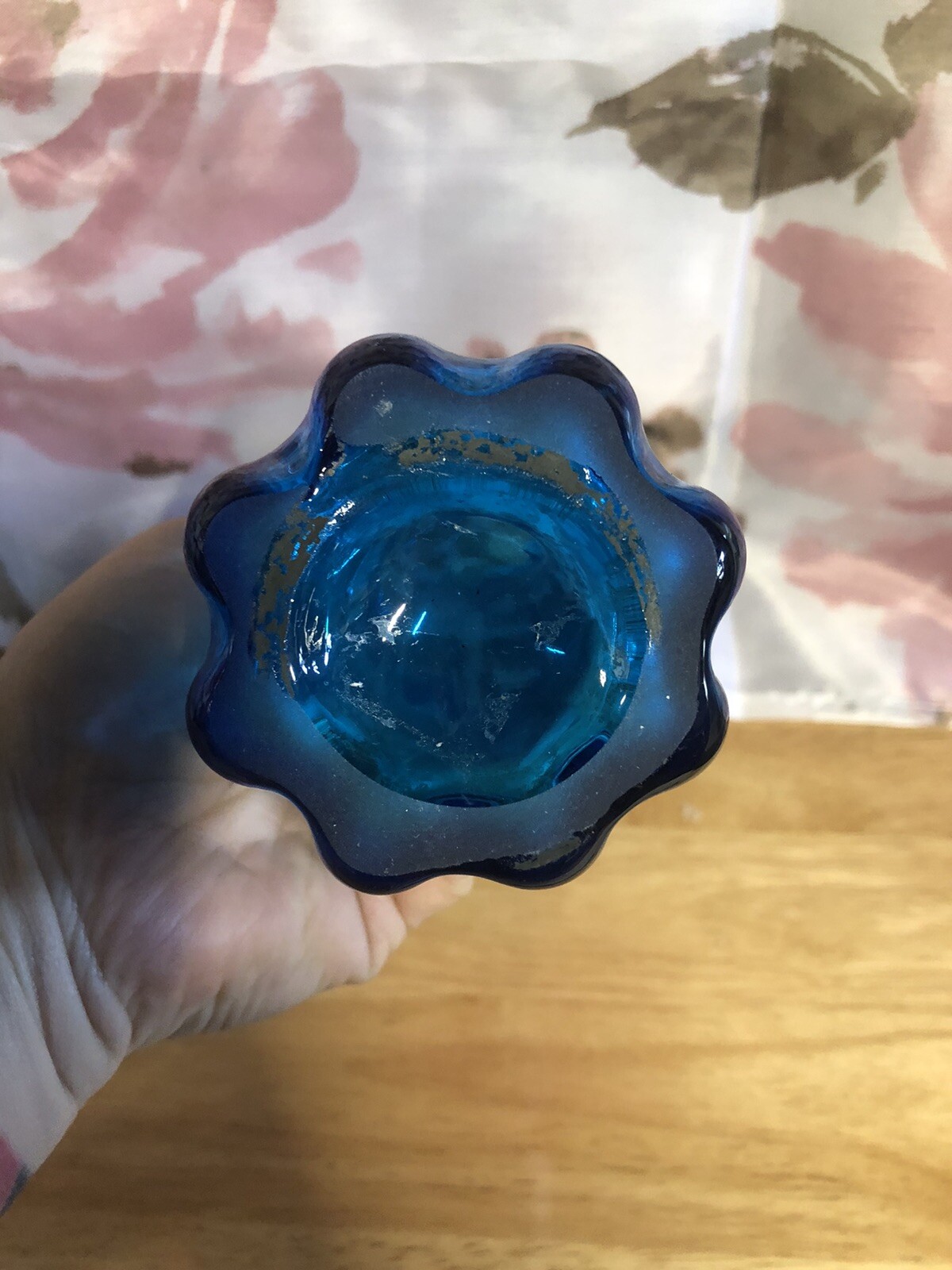 LE Smith 10” Small Swung Five Finger Vase Ribbed Blue Hand Blown Art Glass