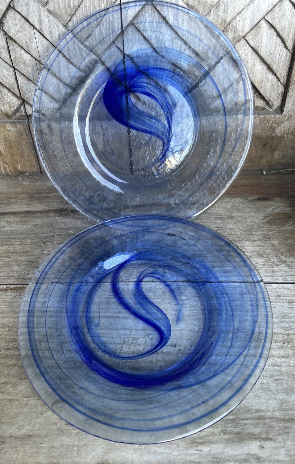 Two Cobalt Blue And Clear Swirl Art Glass Plates 8.25”
