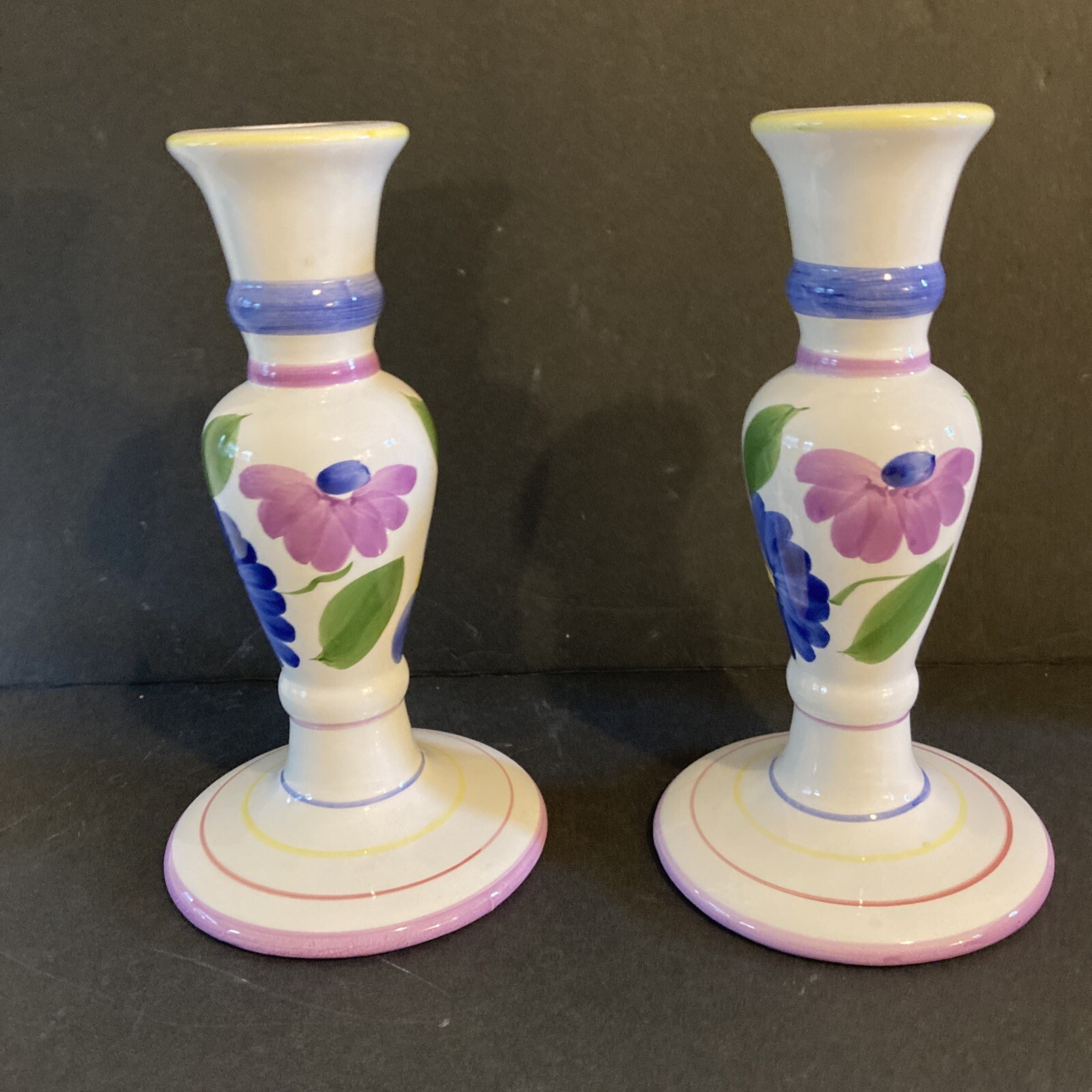 SALE Vintage Pair Candlesticks Ceramic Hand painted 9” Tall