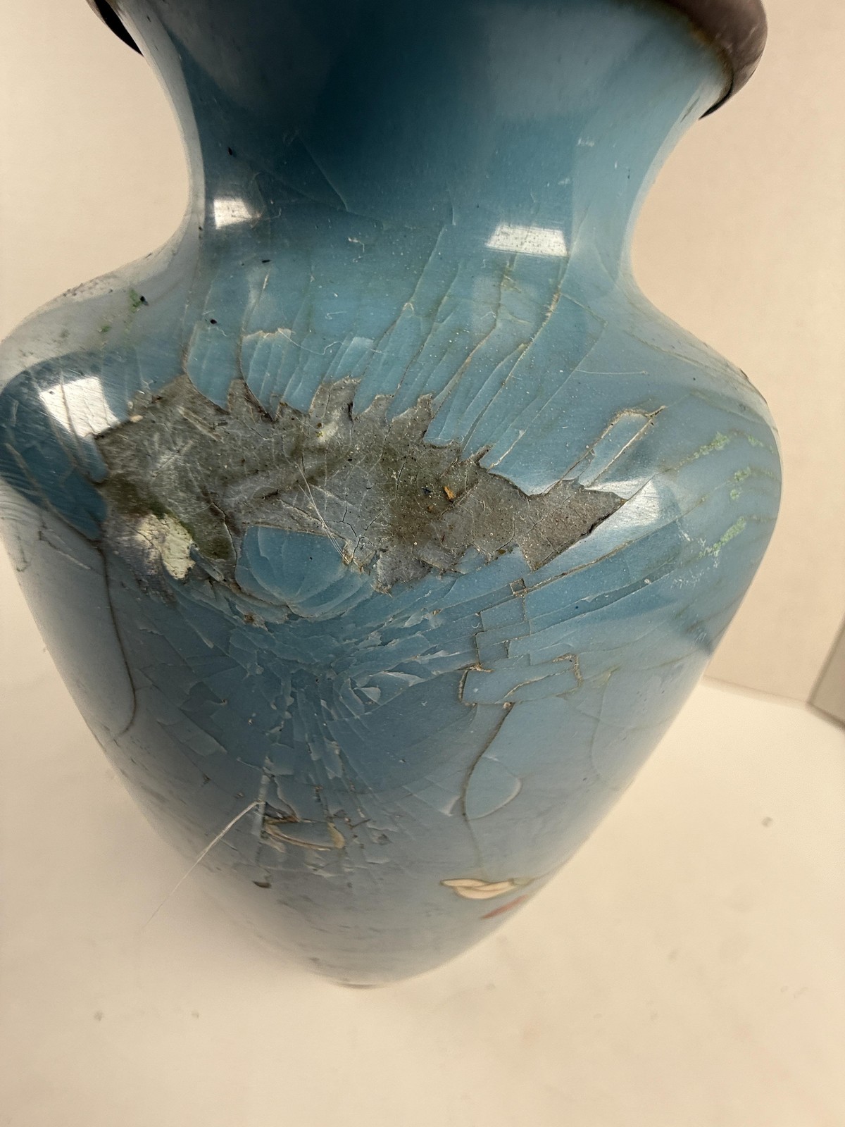 Vintage Chinese Cloisonne Blue Flower Vase Asian Floral Cloisonne 7in Damaged