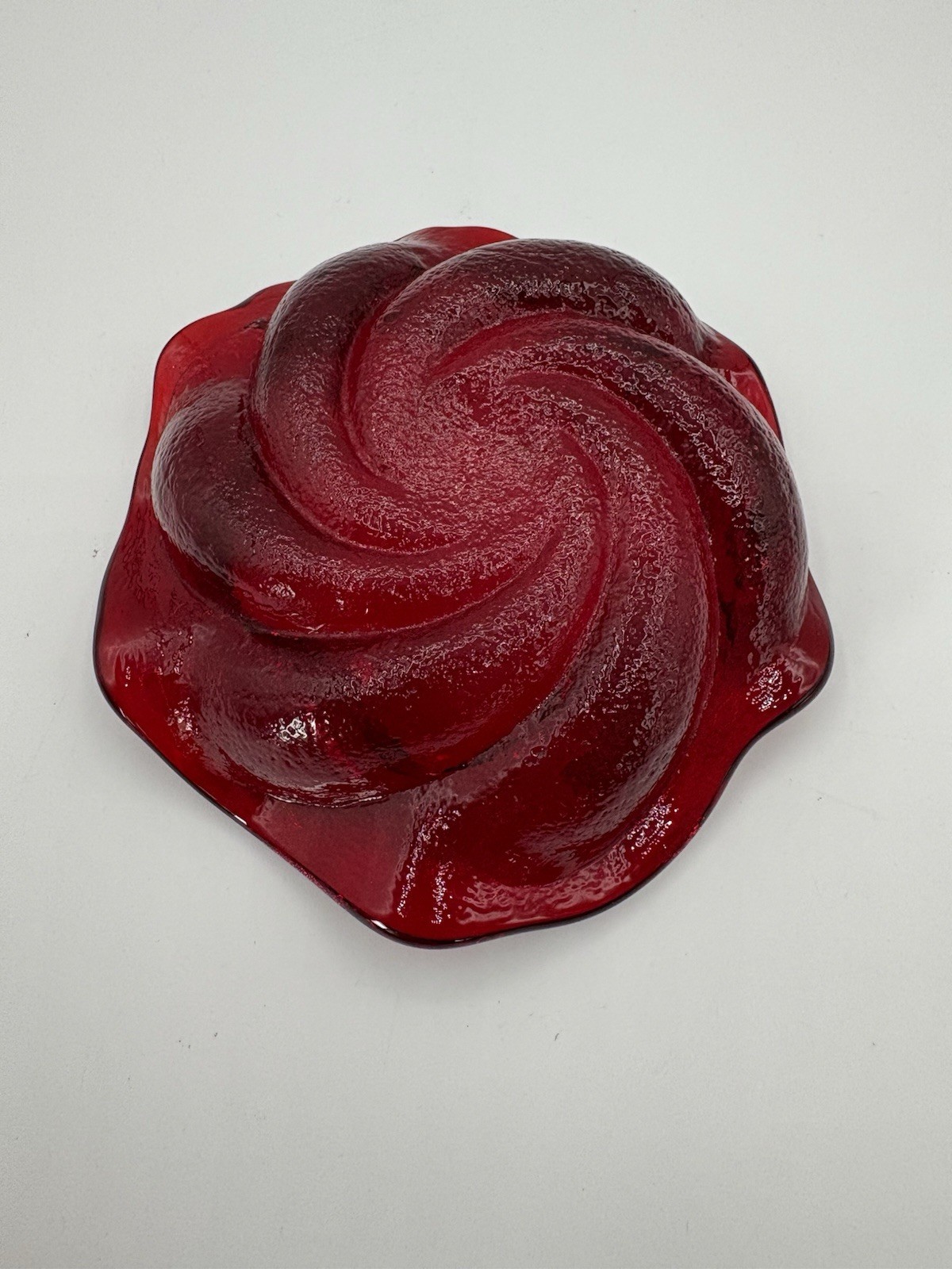 Vintage Fenton Ruby Red Swirl Dish GLOWS Trinket Ashtray Art Glass Textured 5”