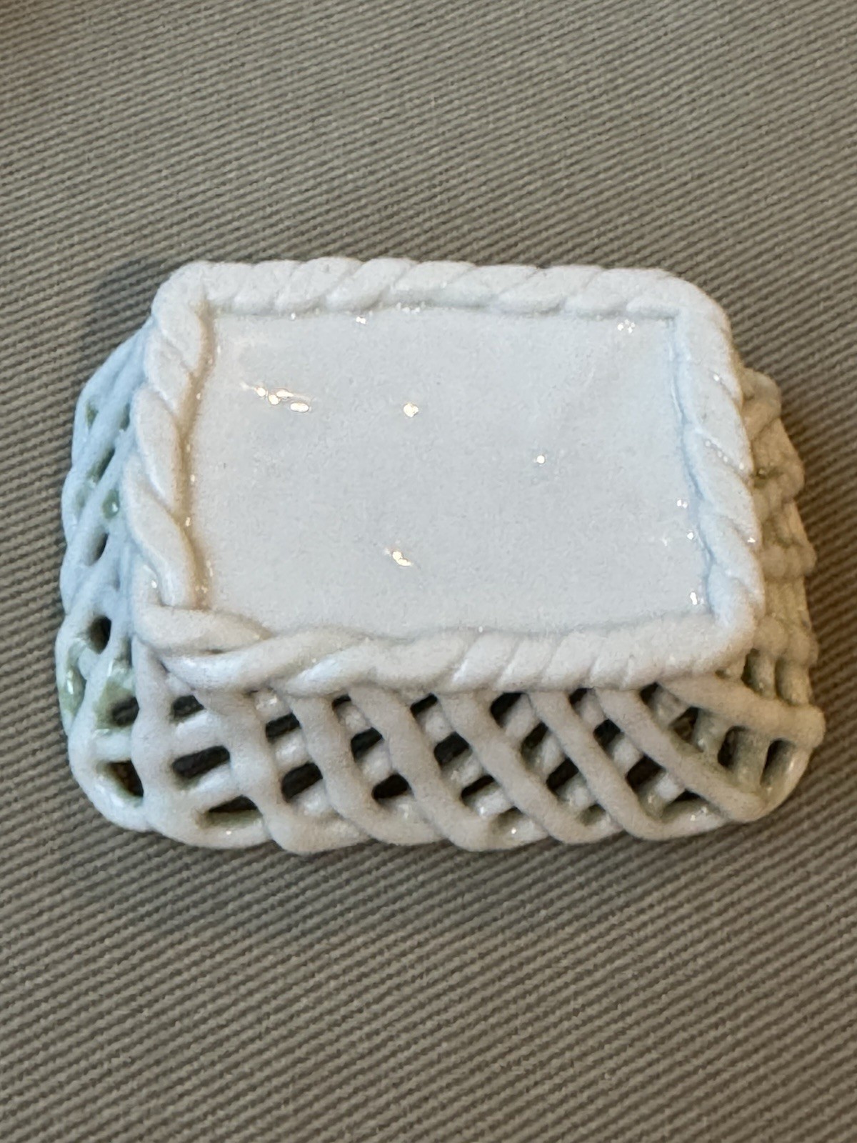 Antique White and Green with Purple Iris Floral Small Porcelain Rope Basket