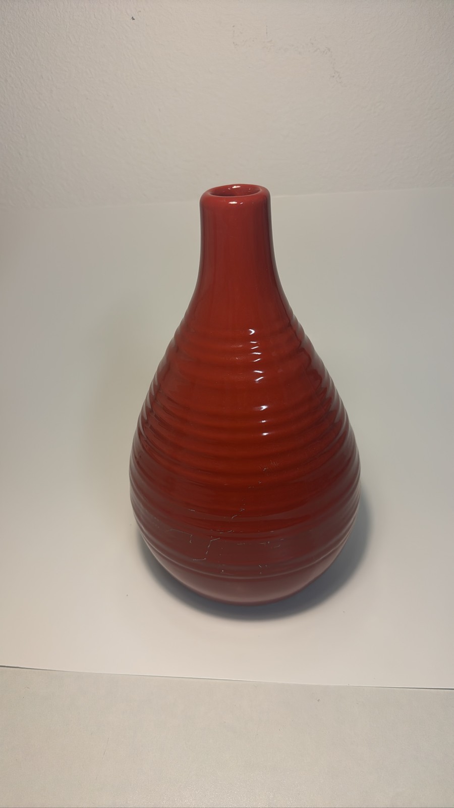 Crate & Barrel Red Ribbed Ceramic Teardrop Vase Bulbous Decor