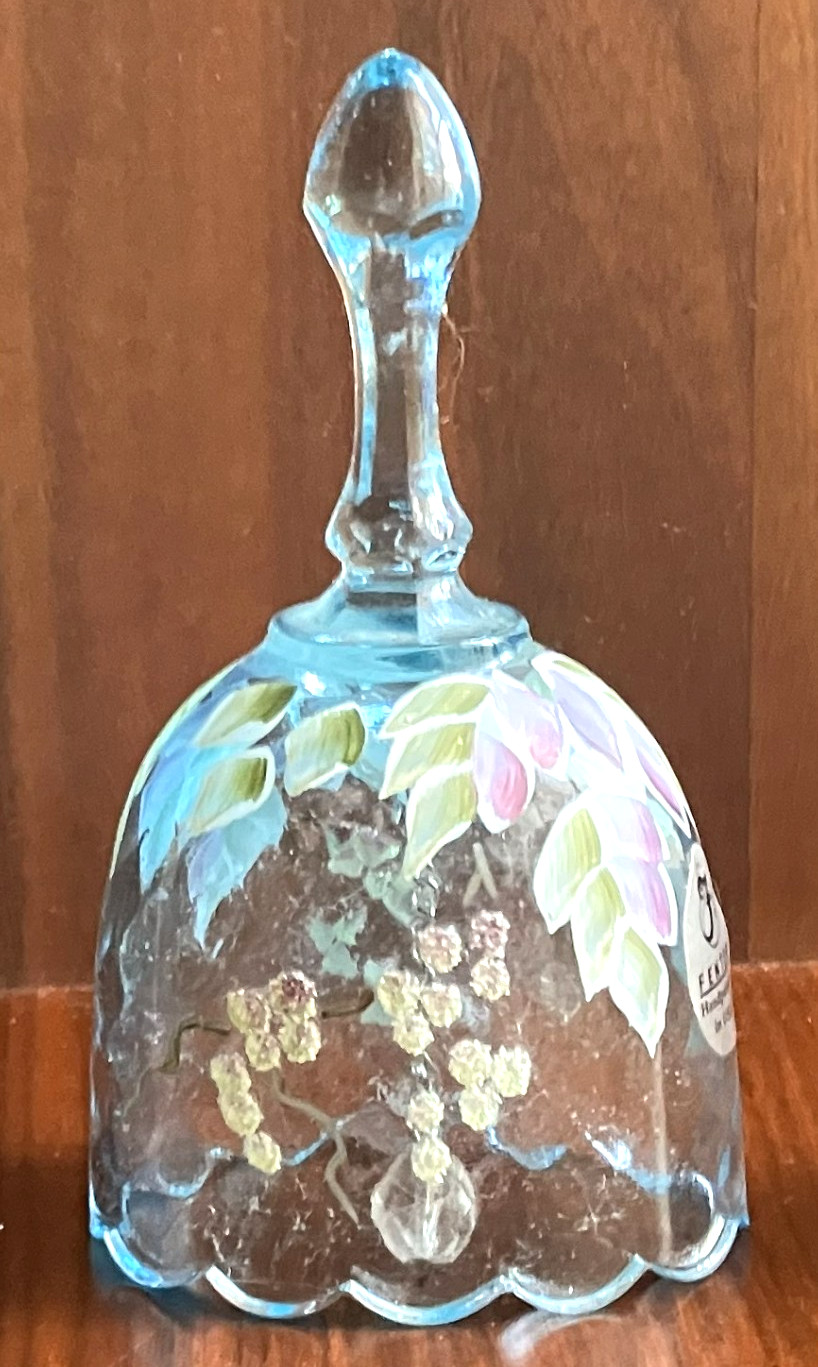 Fenton blue diamond optic bell hand painted oval shape grapes vines Signed .