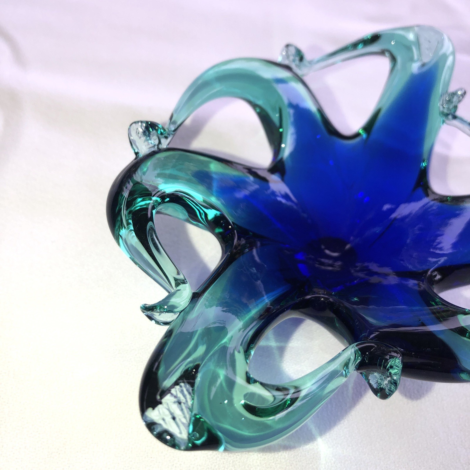 VINTAGE MURANO STYLE ART GLASS WAVE CRYSTAL DISH BLUE & GREEN 6 X 4.25 X 1.75