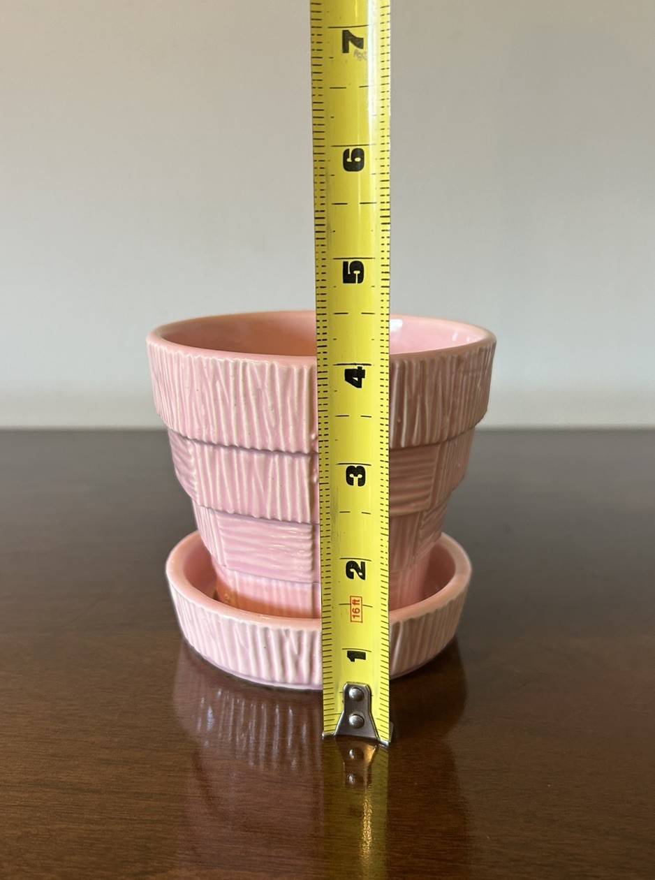 Vintage McCoy Pottery Light Pink Basketweave 4” Planter Attached Saucer USA
