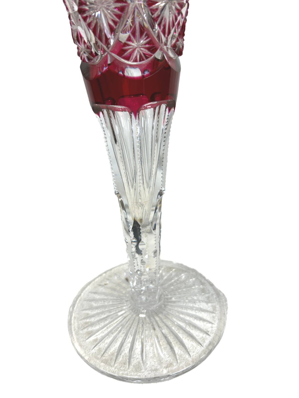 1900s Libbey Brilliant Period Cranberry Cut to Clear Harvard Pattern 14″ Trumpet