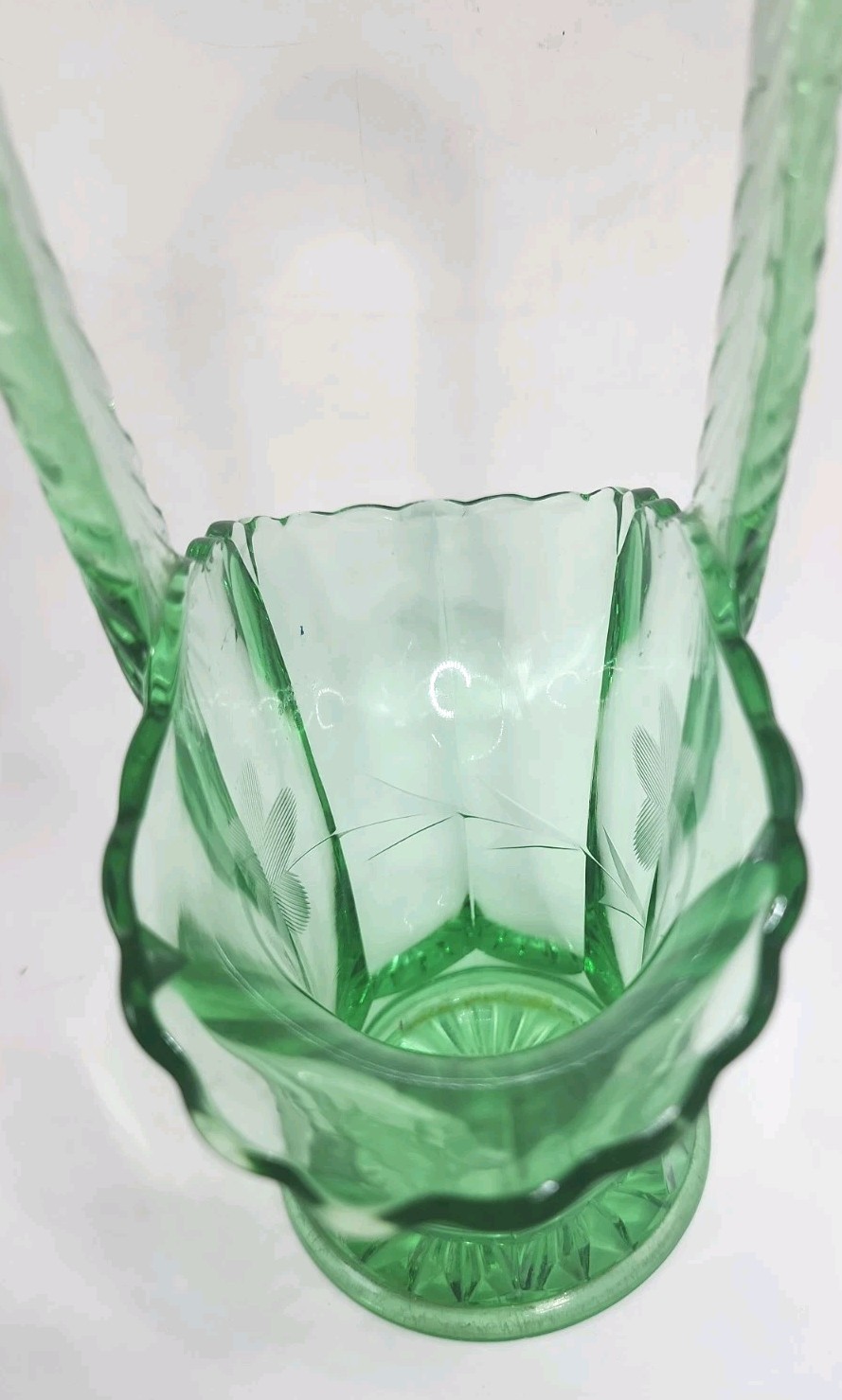 Vintage Green Depression Glass Basket Vase Etched Flower Design 9.5″