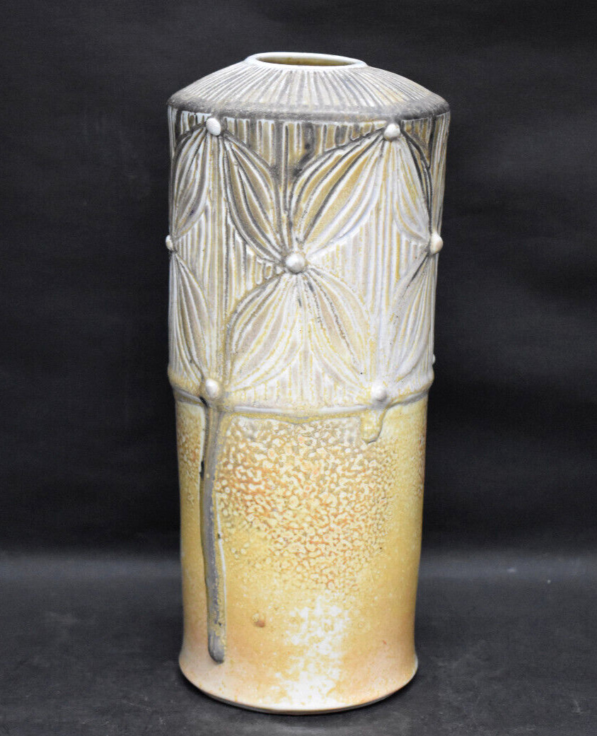 Studio Pottery Vase Incised Flower Petals Beads Exceptional Quality Signed CP