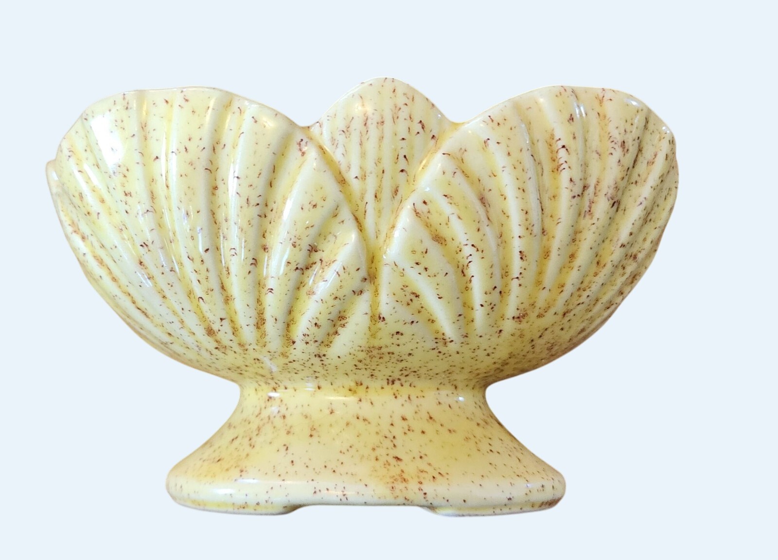 Vtg MCM Yellow Speckled Pottery Footed Lotus Flower Planter 3.5″T 6.25″x4.5″W